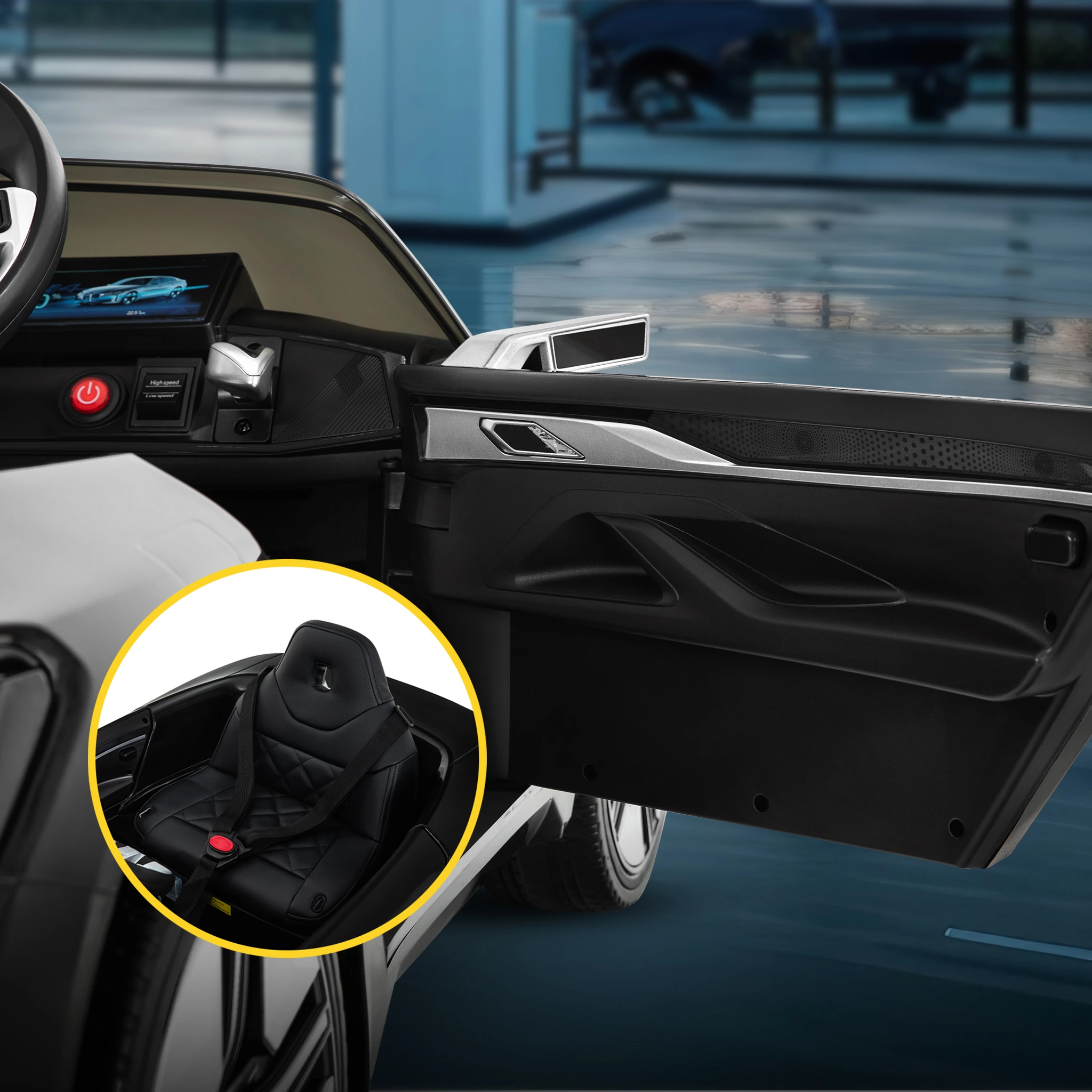 Premiumausstattung mit Türen zum Öffnen BMW i4 Premium mit offener Tür und vergrößertem Sitz