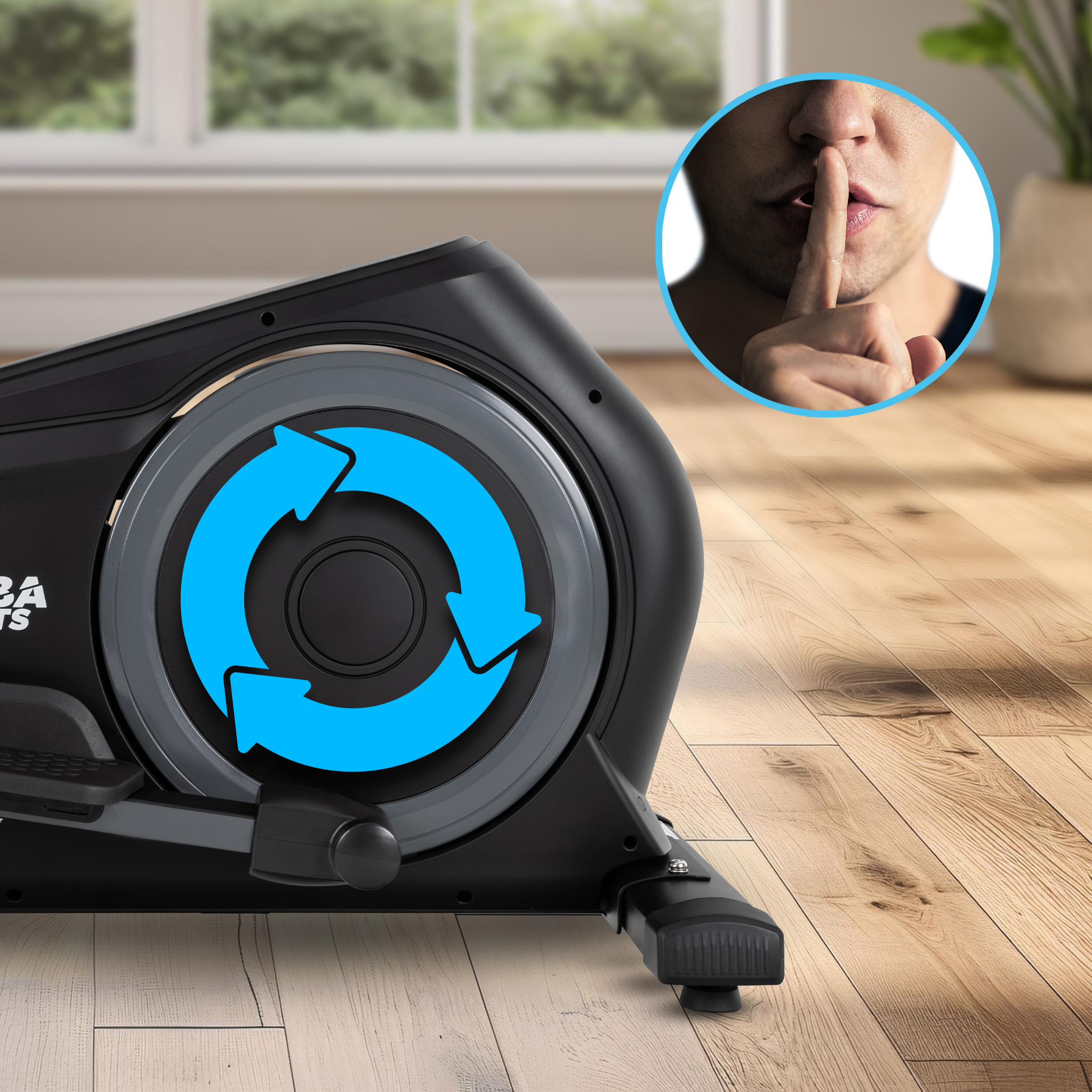 Leiser Betrieb des Miweba Sports Crosstrainer MC500 Magnetbremssystem des MC500, vergrößert hält ein Mann den Zeigefinger vor die Lippen
