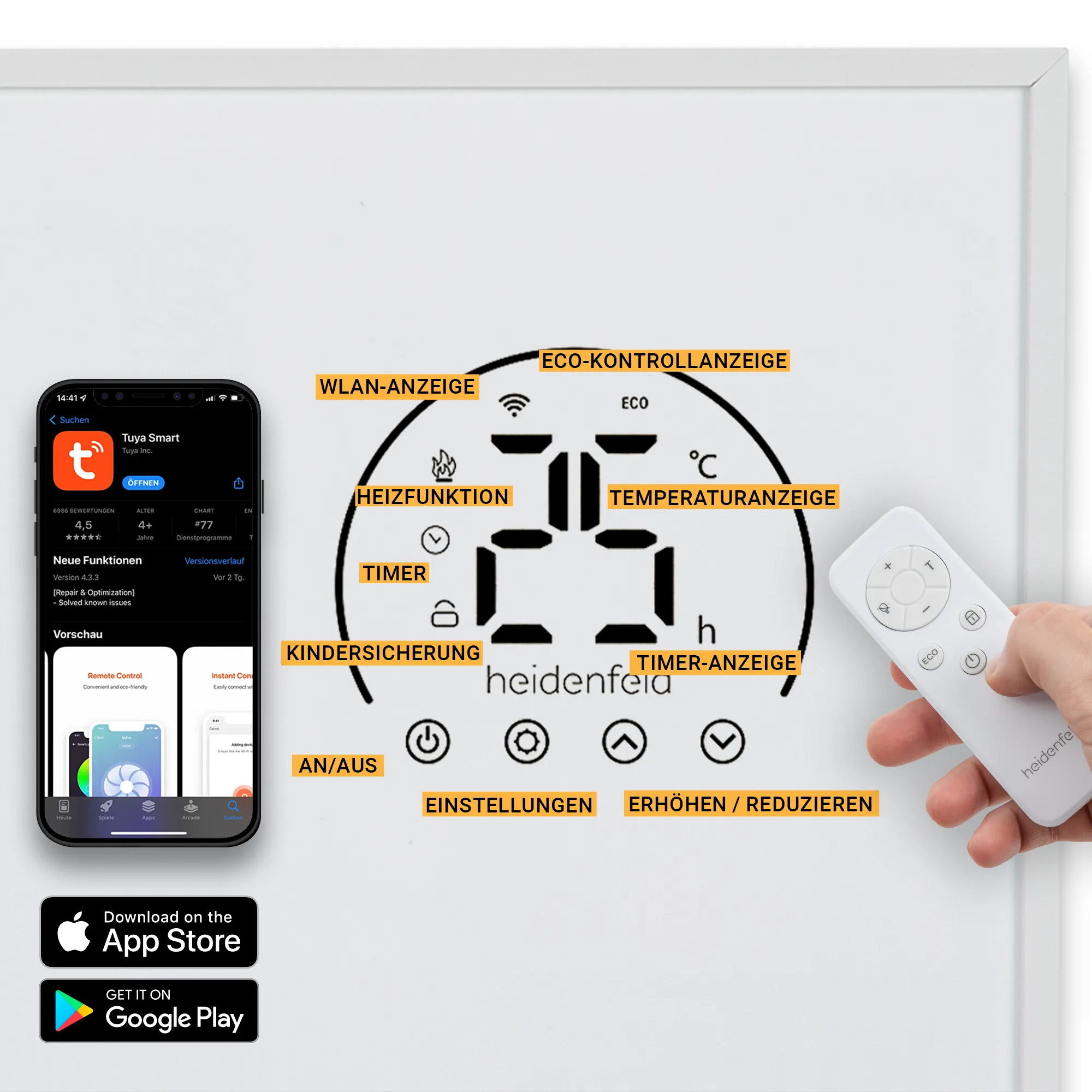 Komfortable 3in1 Steuerung Handy mit Tuya Smart App, Fernbedienung und Touch-Display