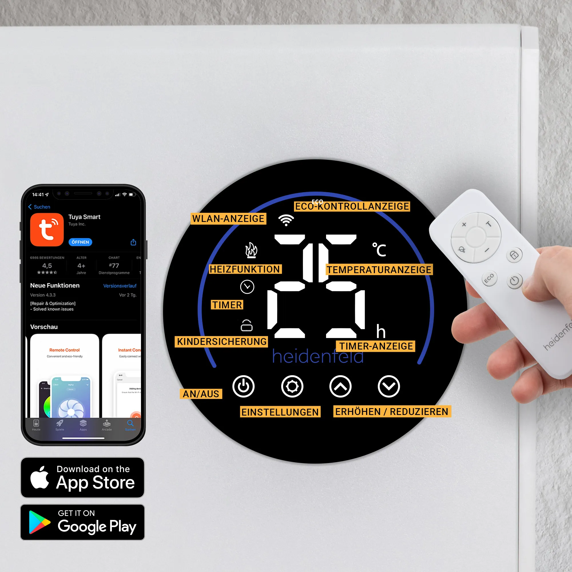3in1 Steuerung Steuerungsoptionen: App, Fernbedienung oder Touch-Display