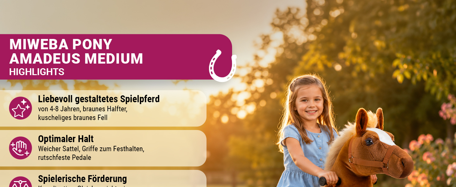 Miweba Pony Amadeus Medium mit Kind im Freien. &Uuml;bersicht zu Komfort, sicherem Halt, spielerischer F&ouml;rderung, Gummirollen und Lenkung.