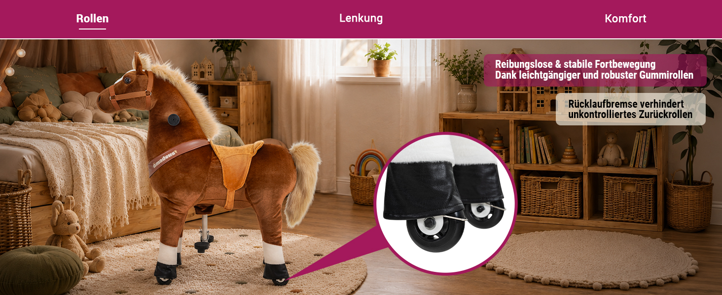 Miweba Pony Amadeus Medium im Kinderzimmer mit Detailansicht der robusten Gummirollen und R&uuml;cklaufbremse.