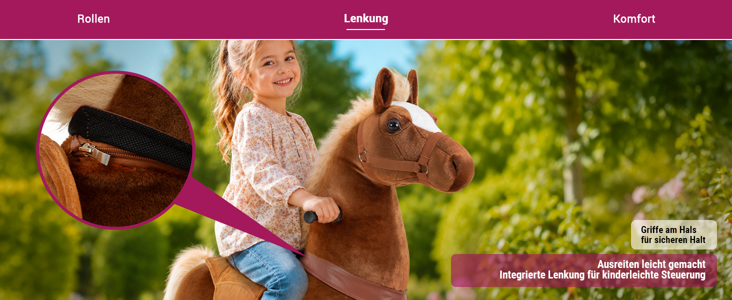 Miweba Pony Amadeus Medium mit Kind im Freien und Detailansicht der integrierten Lenkung mit Griffen am Hals.
