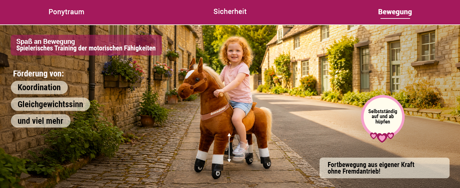 M&auml;dchen reitet auf dem MyAnimal Pony Amadeus im Freien. Die Bewegung aus eigener Kraft f&ouml;rdert spielerisch Koordination, Gleichgewicht und motorische F&auml;higkeiten.