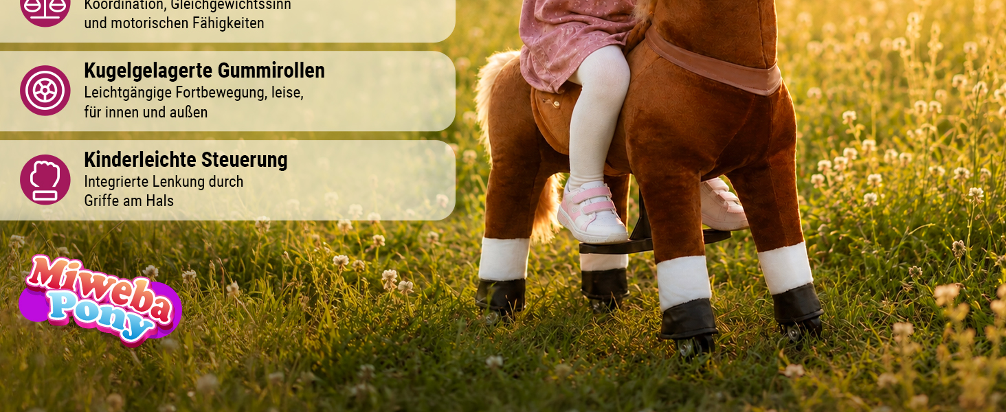 Miweba Pony Amadeus Small mit kugelgelagerten Gummirollen und Pedalen. Die integrierte Lenkung erm&ouml;glicht eine einfache Fortbewegung f&uuml;r drinnen und drau&szlig;en.