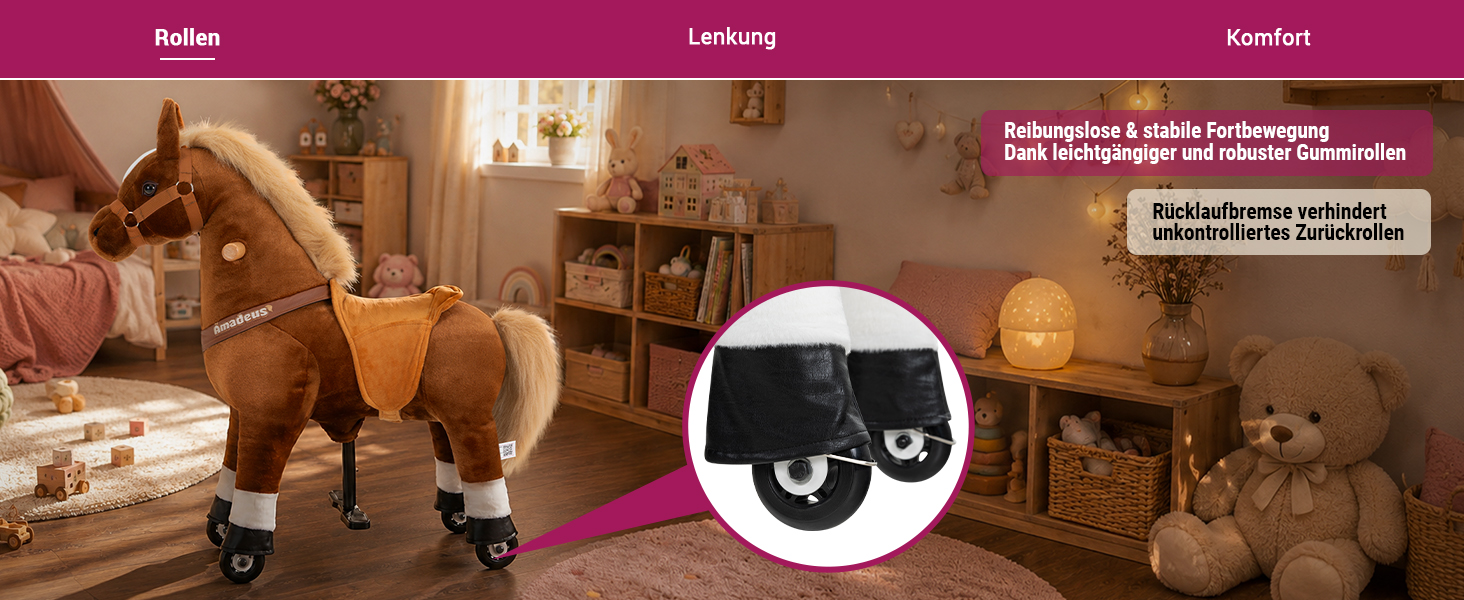 Miweba Pony Amadeus Small im Kinderzimmer mit Detailansicht der robusten Gummirollen und R&uuml;cklaufbremse f&uuml;r eine stabile, kontrollierte Fortbewegung.