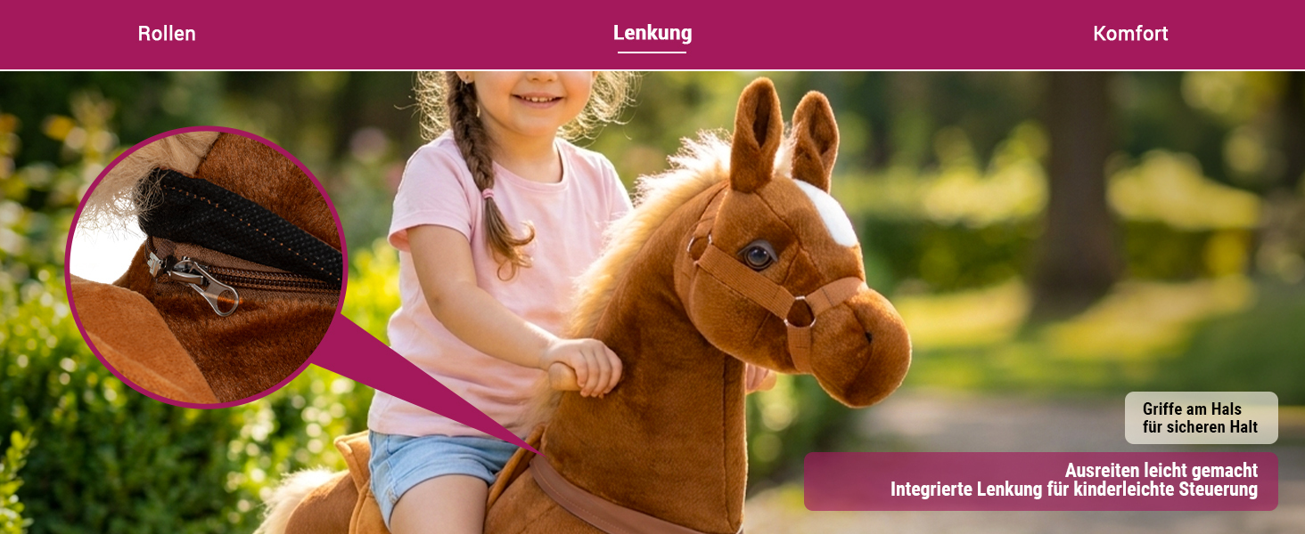 M&auml;dchen reitet auf dem Miweba Pony Amadeus Small. Integrierte Lenkung und stabile Griffe am Hals erm&ouml;glichen eine einfache Steuerung und sicheren Halt.