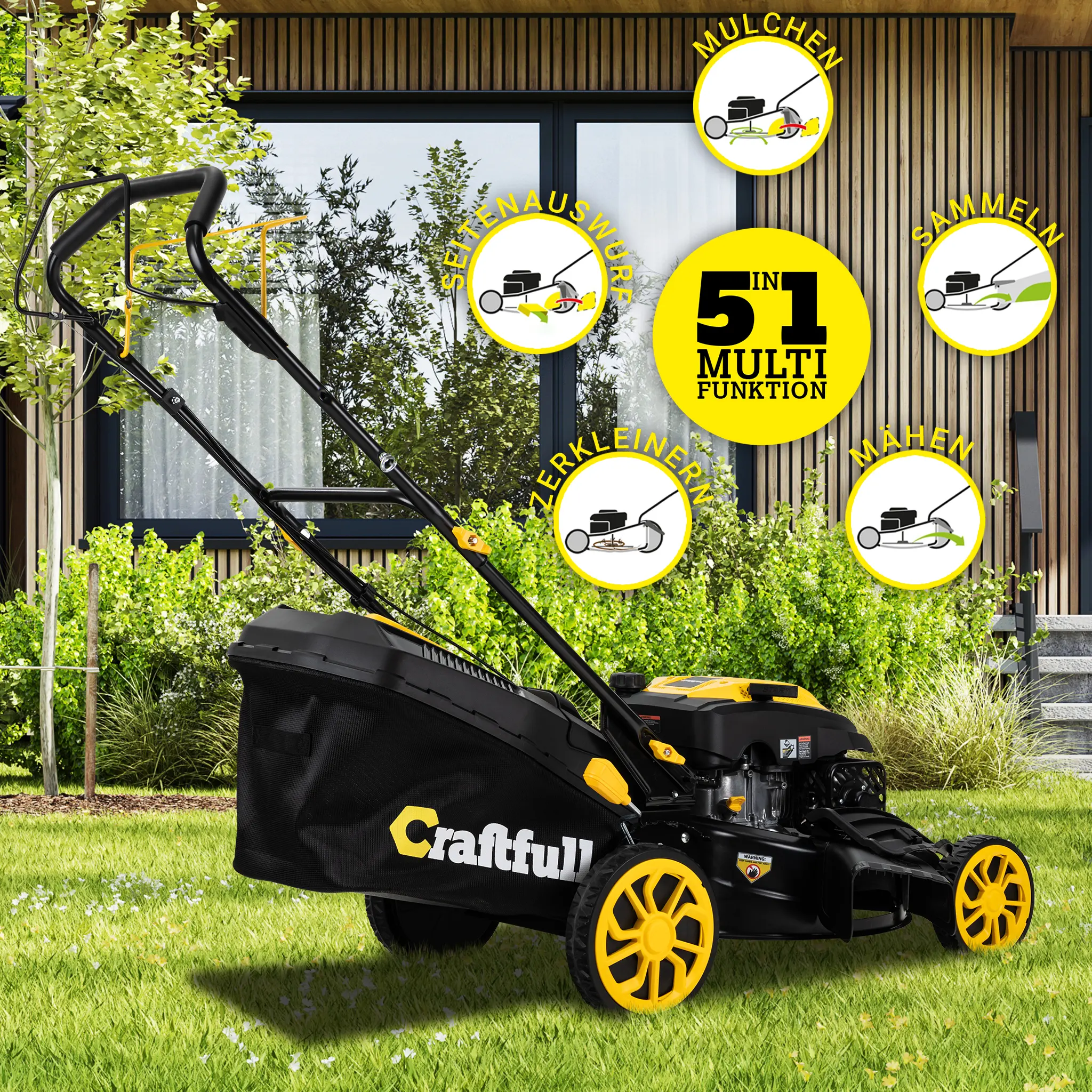 5in1 Benzin-Rasenmäher CR-224-30 Alle fünf Funktionen des Rasenmähers