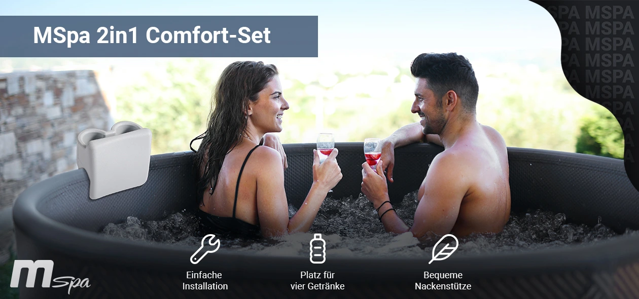 MSpa Comfort-Set 2in1 Paar im MSpa Whirlpool mit Comfort-Set und Sektgläsern in der Hand