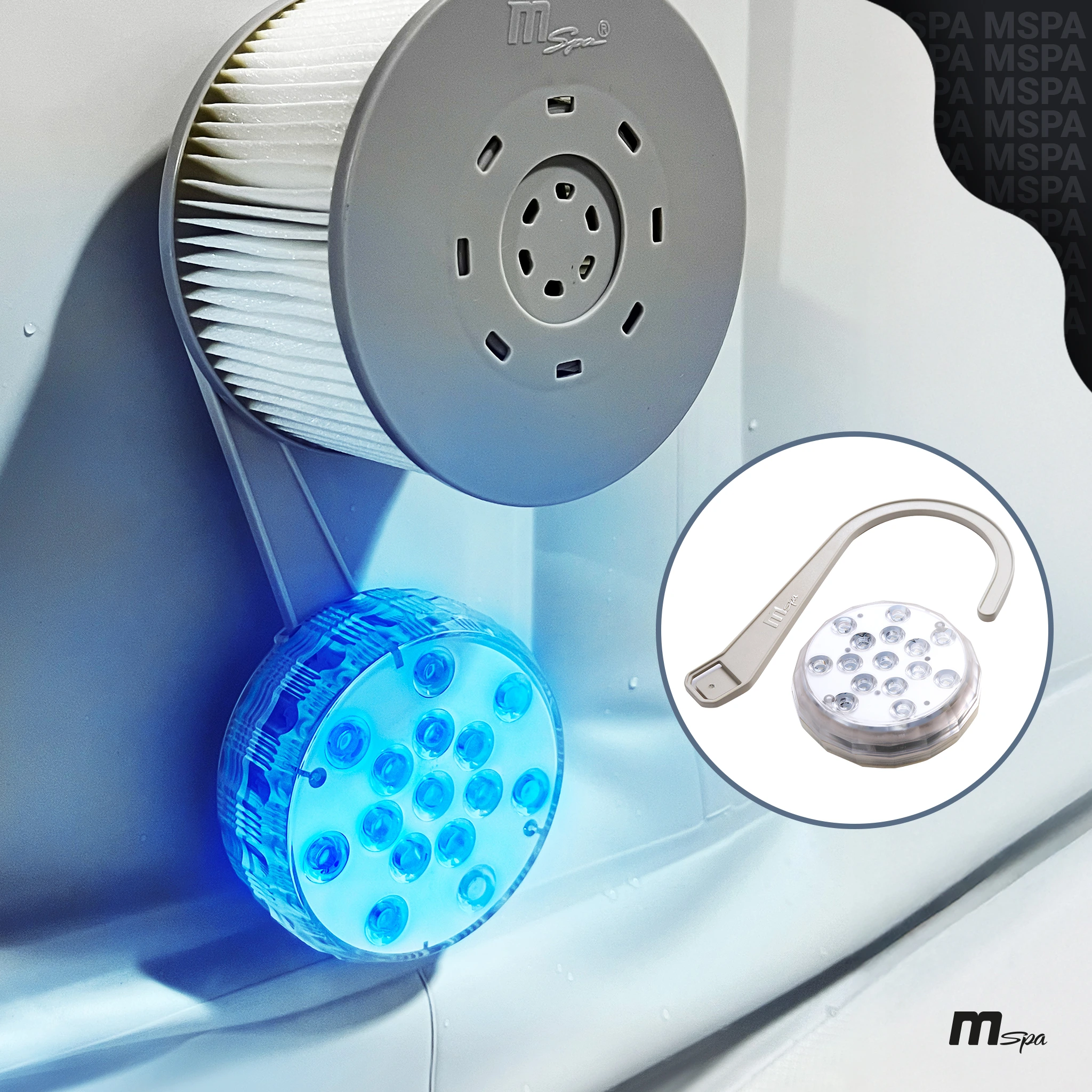 Unterwasserlicht ist mit Filterhaken am Filter des Whirlpools befestigt