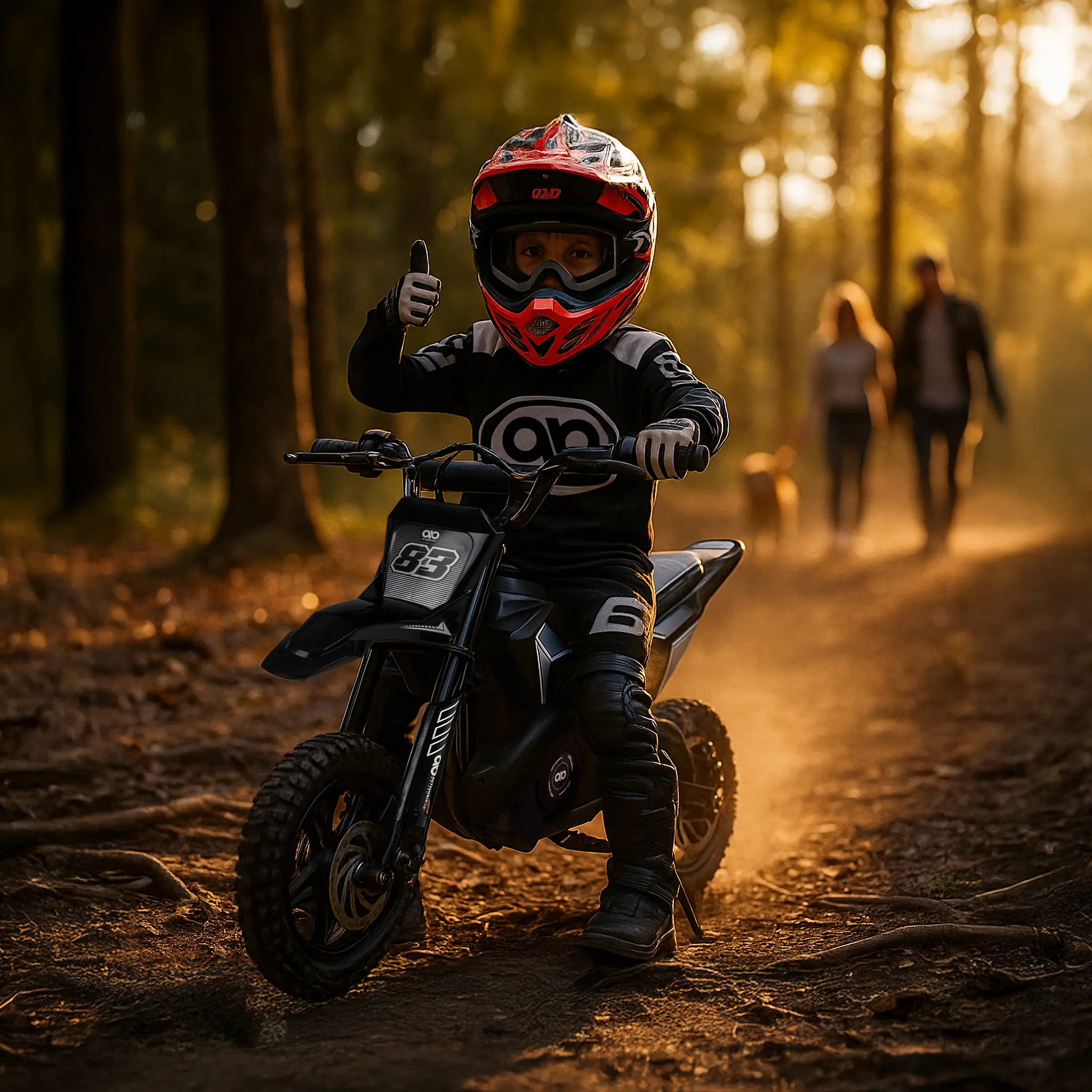 Junge steht mit Crossbike Raider im Wald und streckt den Daumen in die Luft
