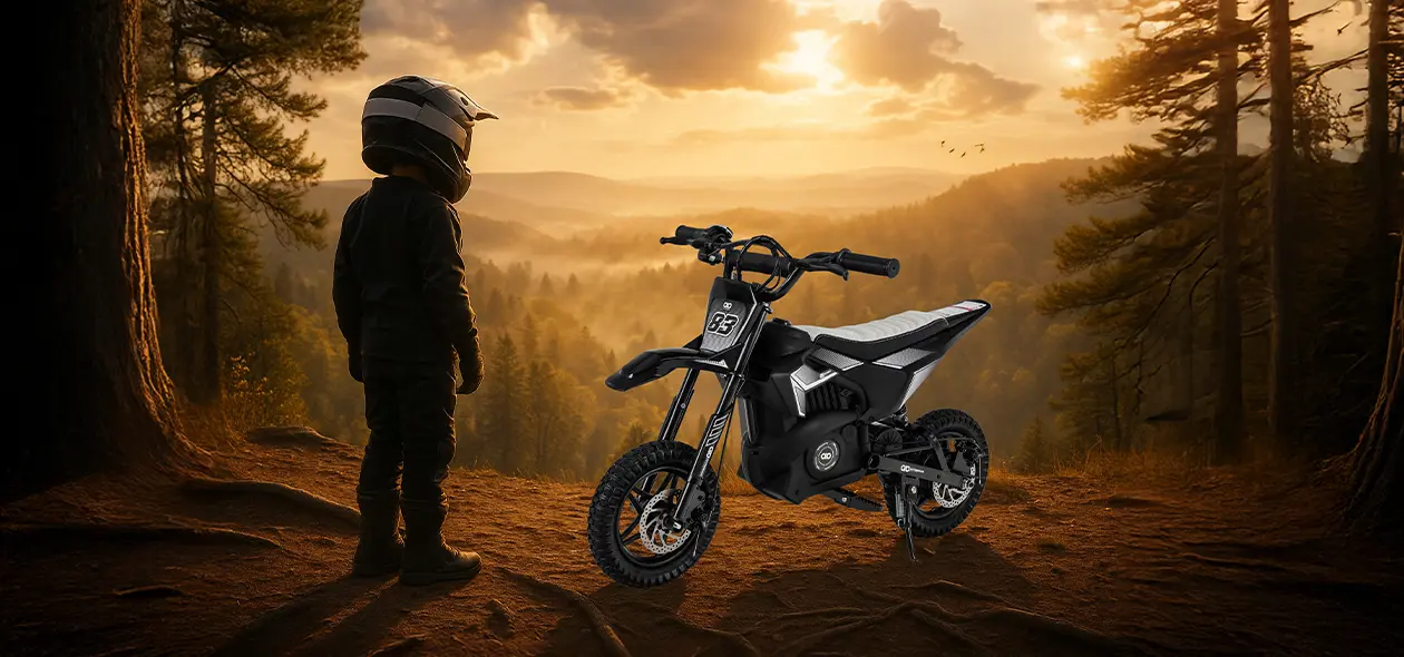 Junge steht mit Crossbike Raider im Wald und schaut sich die Aussicht an