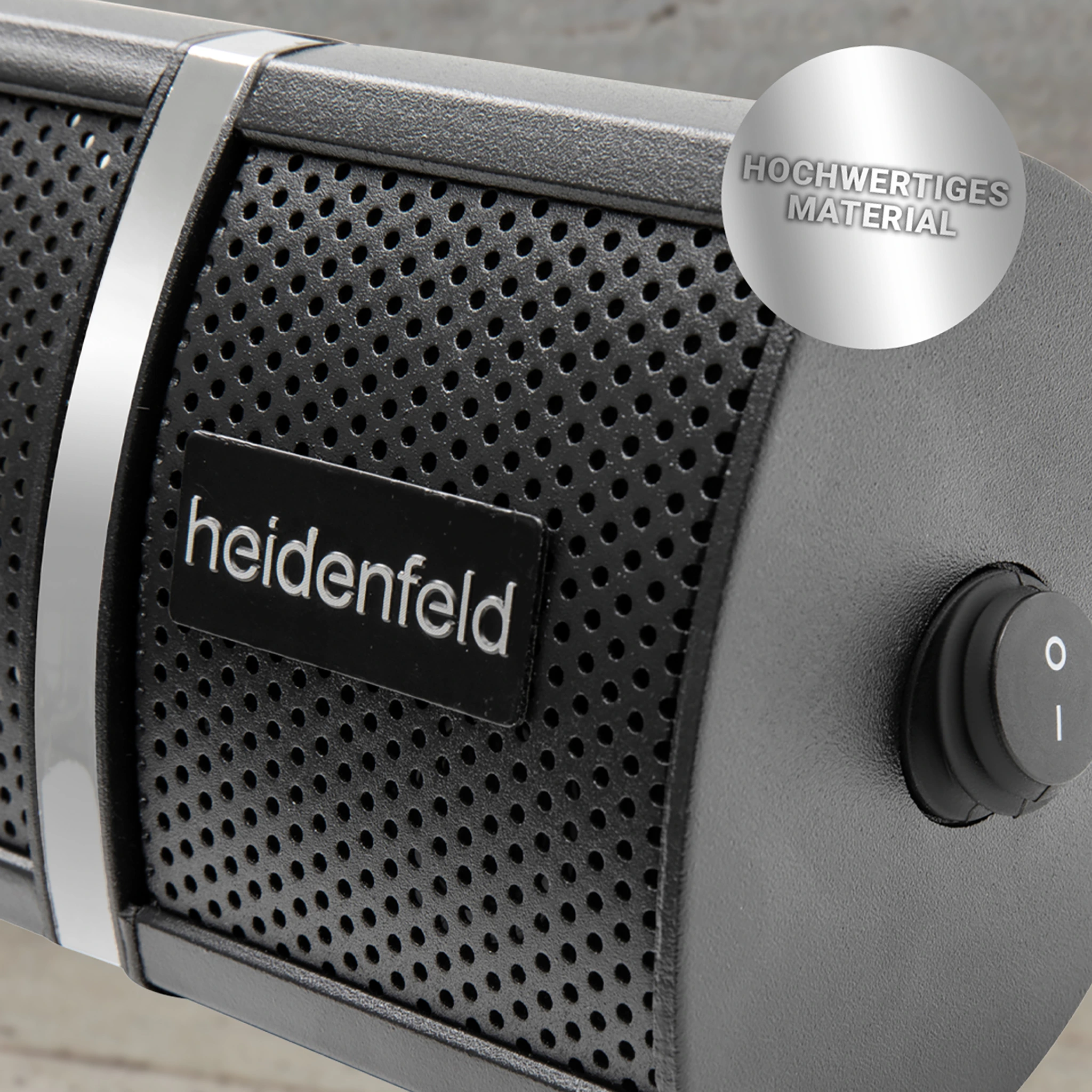 Infrarotstrahler aus Edelstahl und Aluminium Infrarot-Heizstrahler mit vergrößertem Heidenfeld-Schriftzug und Einschaltknopf