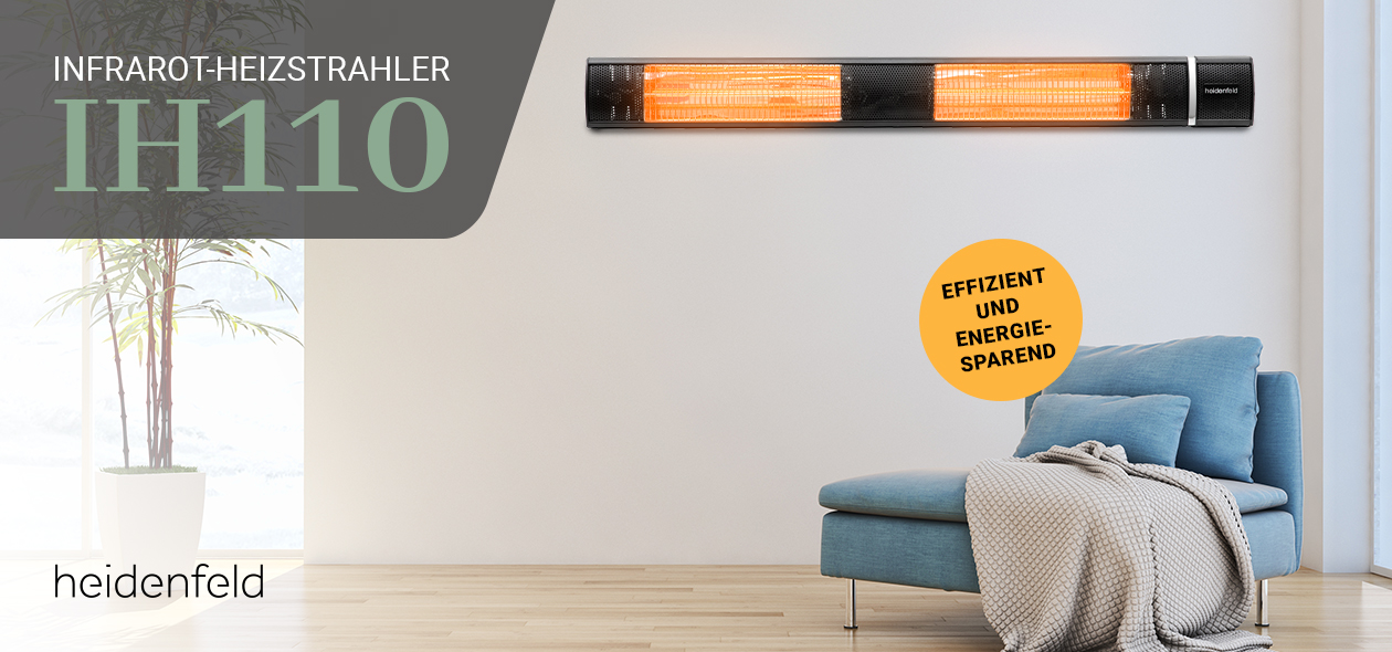 Heidenfeld Infrarot-Heizstrahler IH110 Angeschalteter Heidenfeld Infrarot-Heizstrahler IH110 an Wohnzimmerwand