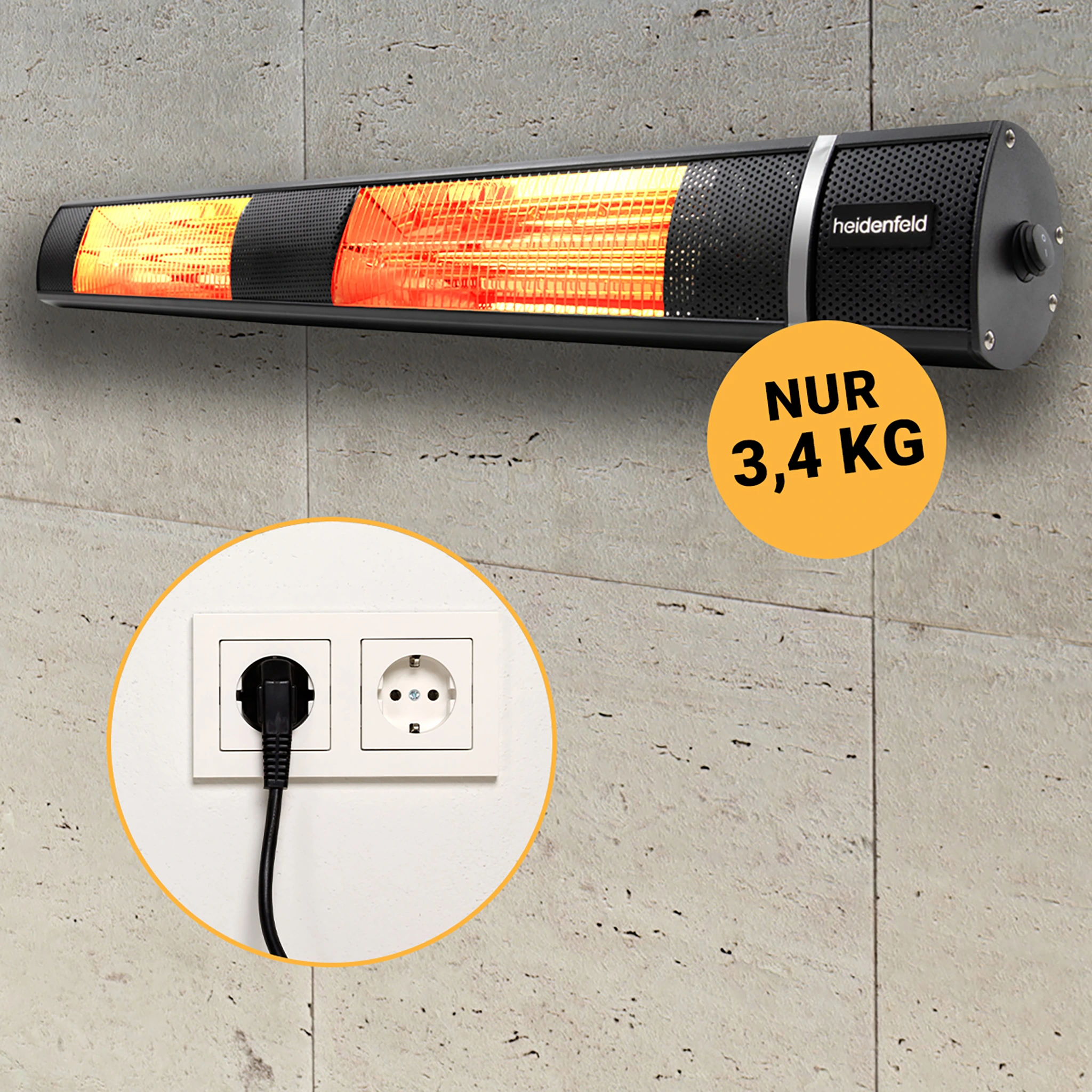 Geeignet für Decken- und Wandmontage Heidenfeld Heizstrahler befestigt an Wand, vergrößertes Kabel in Steckdose