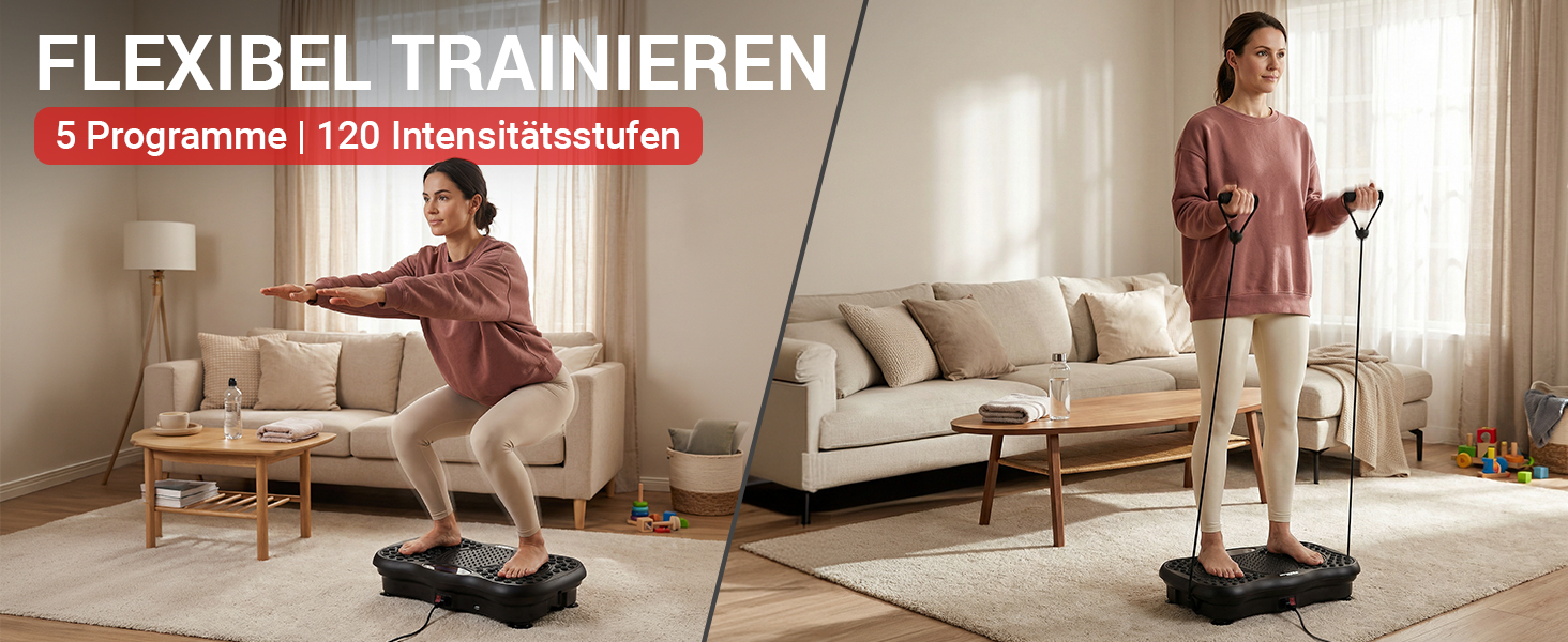 Flexibel trainieren Vibrationsplatte mit 5 Trainingsprogrammen und 120 Intensitätsstufen für vielseitige Übungen