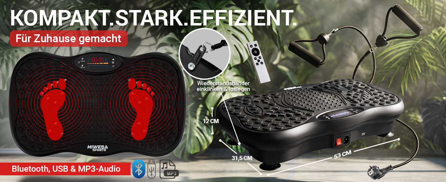 Kompakt. Stark. Effizient Miweba Sports MV150 Vibrationsplatte mit Widerstandsbändern, Fernbedienung sowie Bluetooth-, USB- und MP3-Funktion