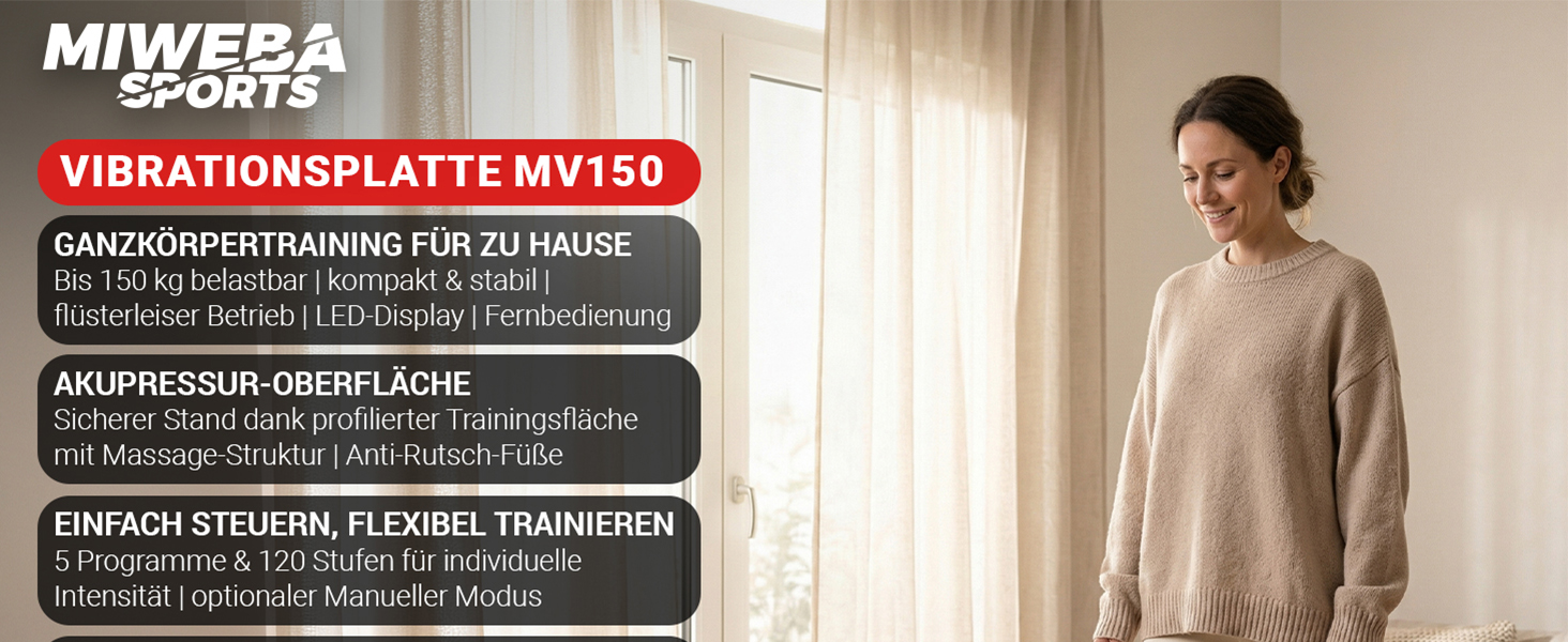 Ganzkörpertraining bequem von zu Hause Miweba Sports MV150 Vibrationsplatte für Ganzkörpertraining mit Akupressur-Oberfläche und individueller Intensitätssteuerung