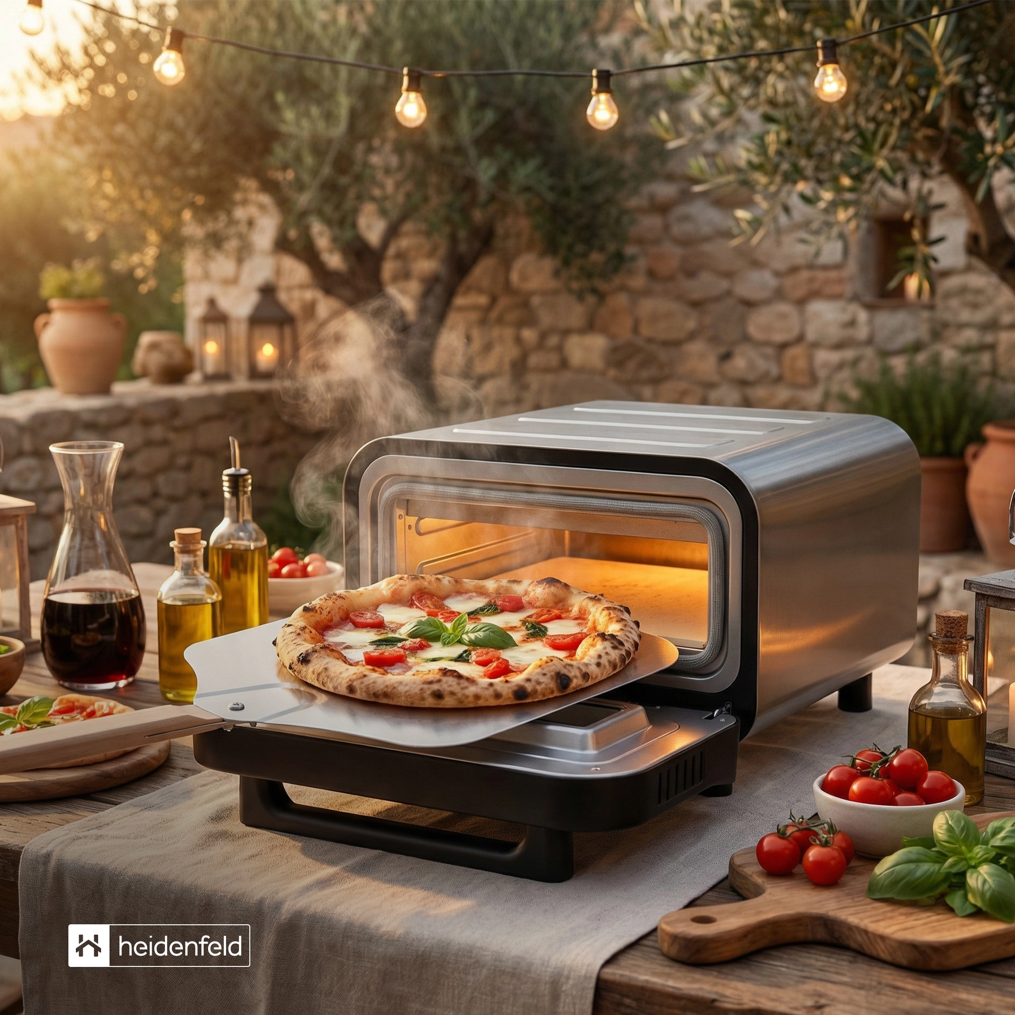 Knusprige Pizza auf dem Pizzaschieber, vor dem offenen Pizzaofen mit Cordierit-Stein inklusive