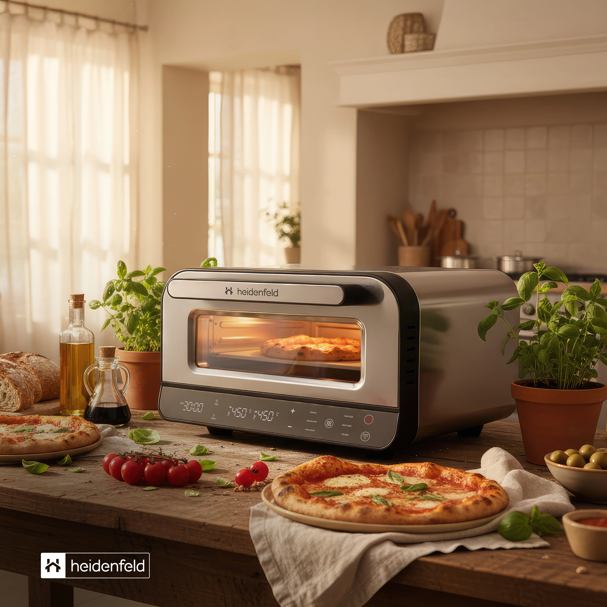 Heidenfeld Piizaofen in der K&uuml;che, mit Pizza und Zutaten davor