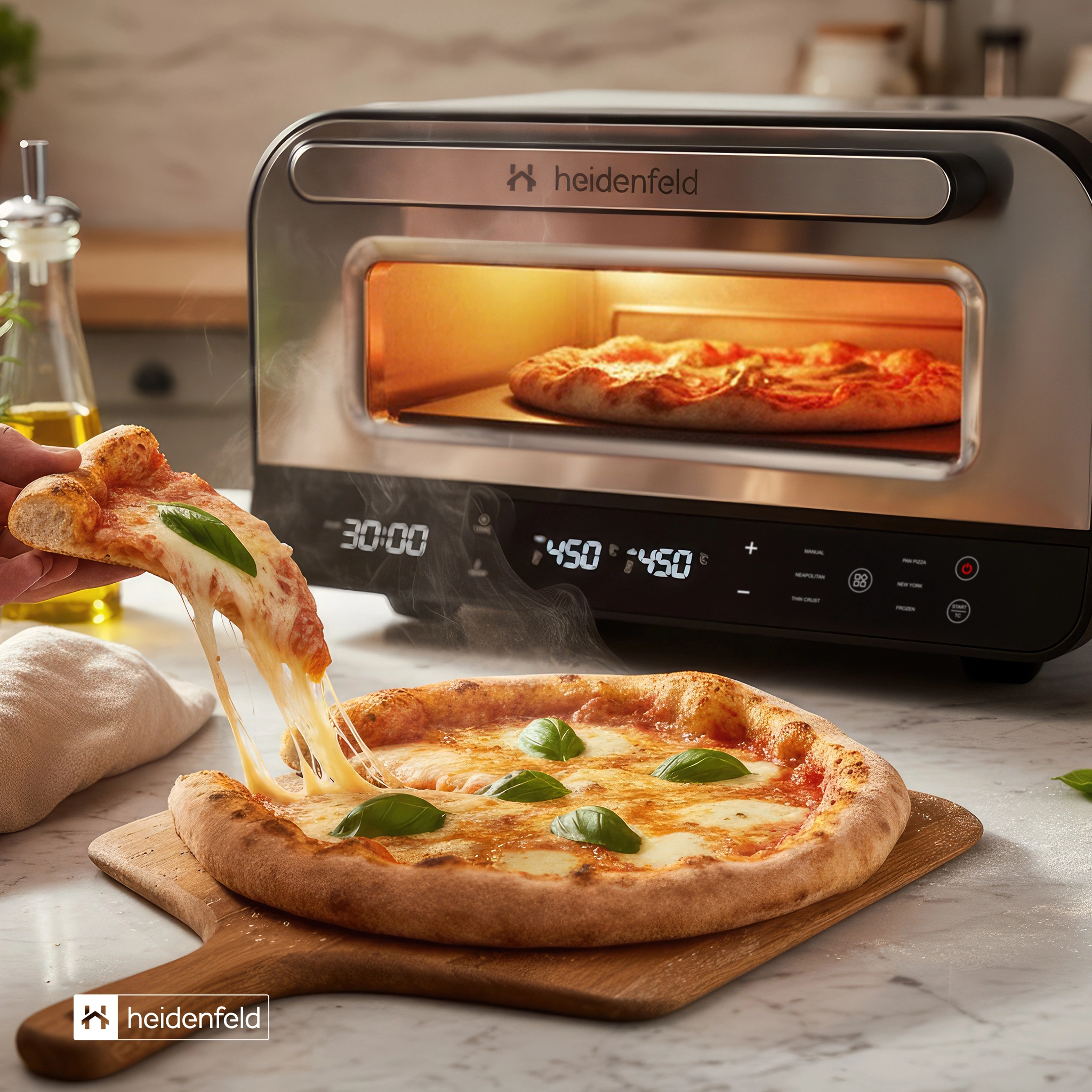 Hand nimmt ein St&uuml;ck Pizza vom Pizzaschieber vor dem Heidenfeld Pizzaboss