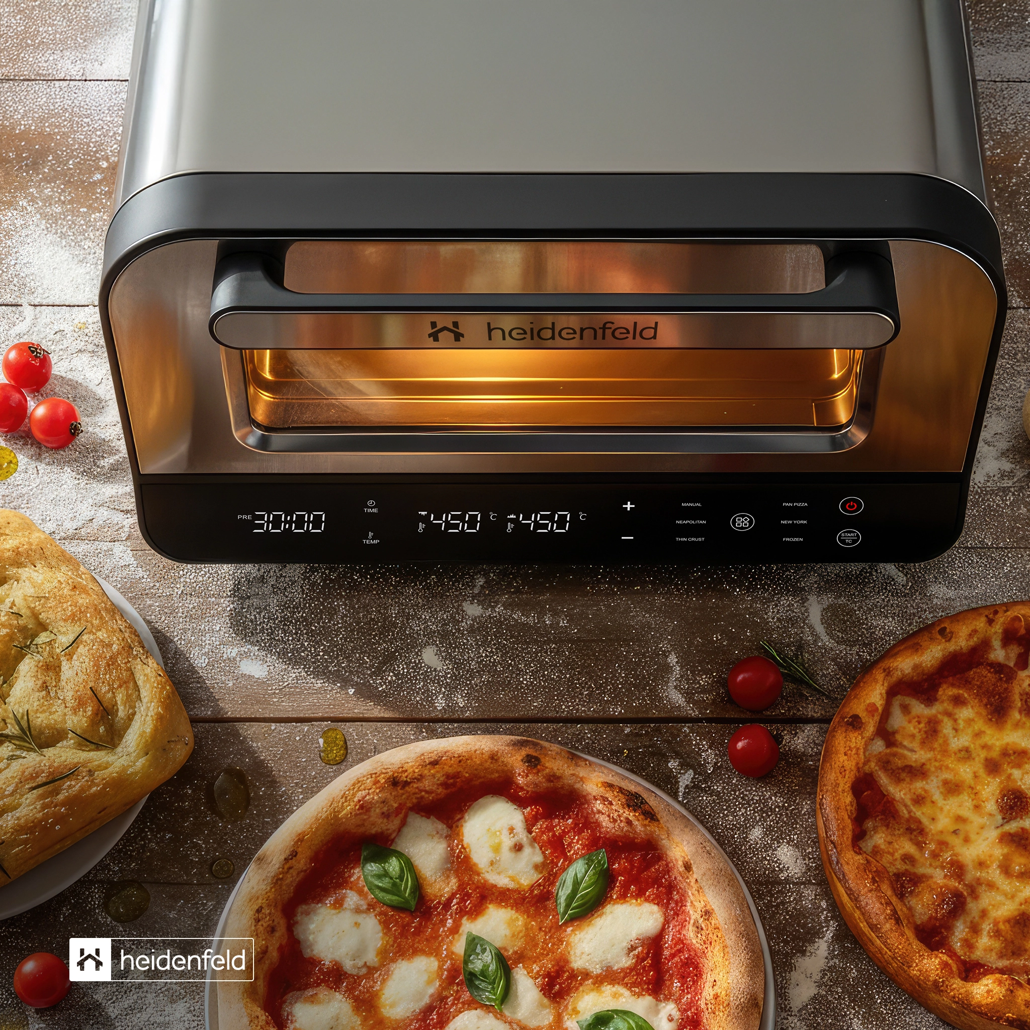 Drei kross gebackene Pizzen vor dem geschlossenen Pizza-Backofen