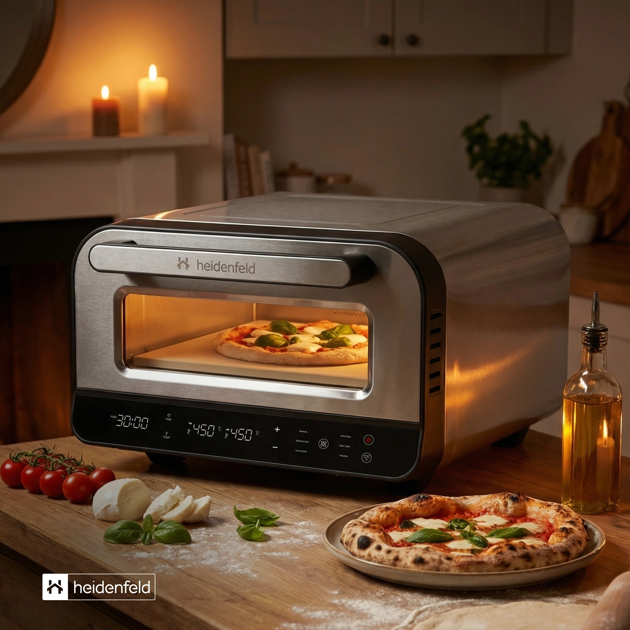 Knusprige Pizza auf dem Pizzaschieber, vor dem offenen Pizzaofen mit Cordierit-Stein inklusive