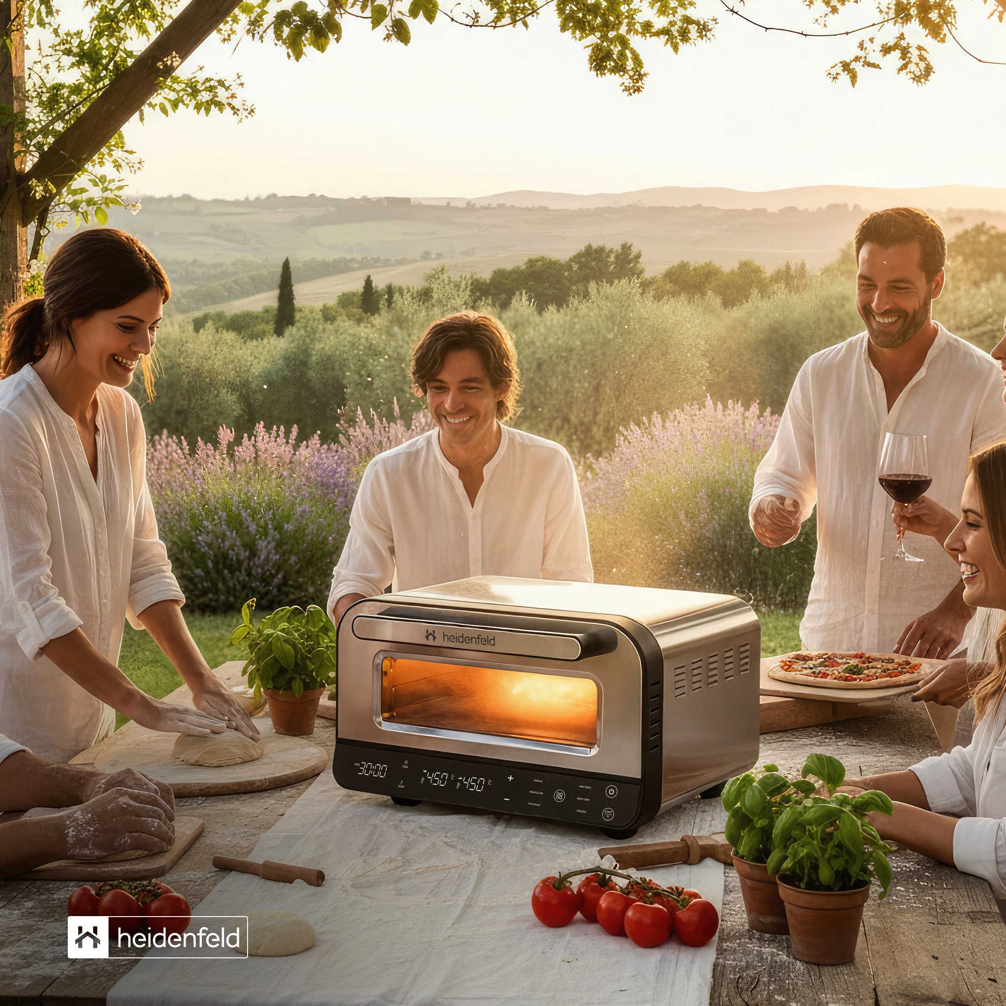 Drei kross gebackene Pizzen vor dem geschlossenen Pizza-Backofen