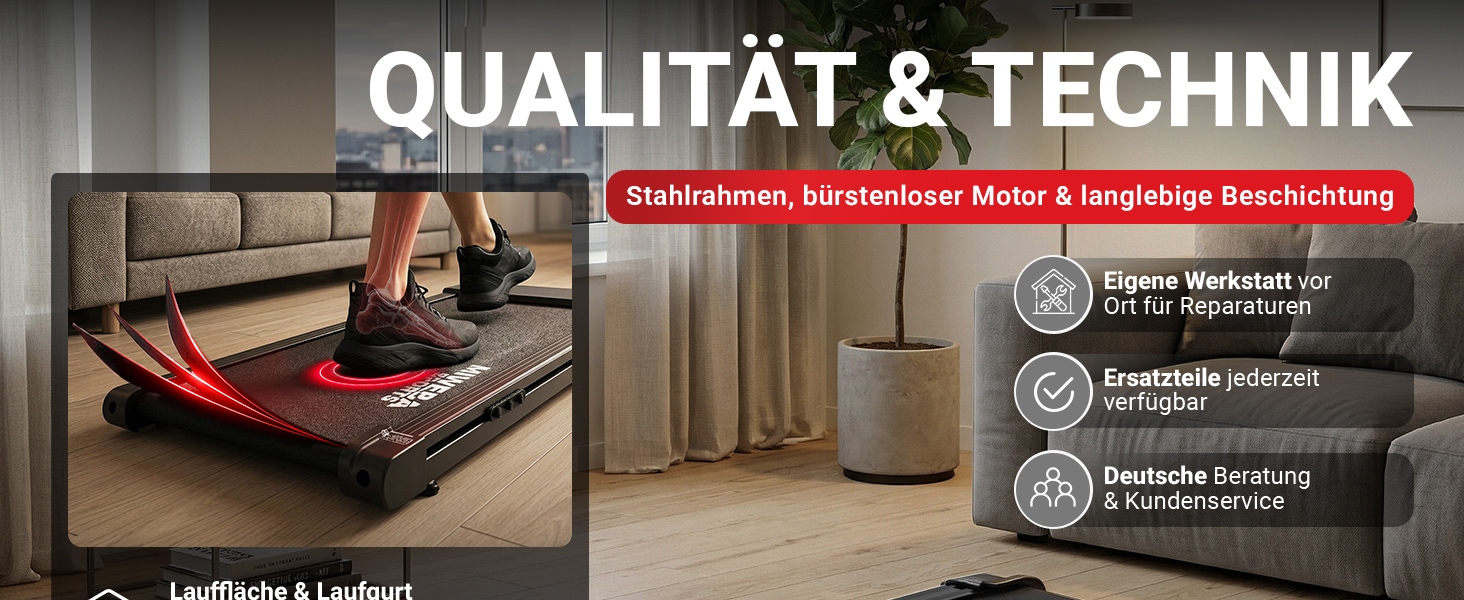 Hochwertige Technik für langlebige Leistung Das Miweba Sports Laufband überzeugt mit stabilem Stahlrahmen, bürstenlosem Motor und robuster Beschichtung für eine lange Lebensdauer. Die stoßdämpfende Lauffläche unterstützt ein komfortables Laufgefühl. Ergänzt wird das Gesamtpaket durch eine eigene Servicewerkstatt, jederzeit verfügbare Ersatzteile sowie deutschsprachigen Kundenservice.