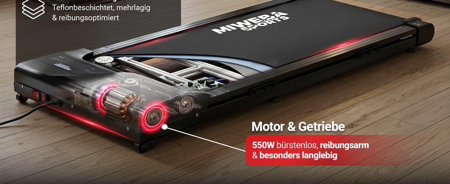 Bürstenloser Motor für langlebigen Antrieb Die Schnittdarstellung des Miweba Sports Laufbands zeigt den integrierten 550-Watt-Motor mit Antriebseinheit. Der bürstenlose, reibungsarme Motor sorgt für einen leisen Betrieb, geringen Verschleiß und eine lange Lebensdauer. Die mehrlagige, teflonbeschichtete Laufmatte unterstützt einen gleichmäßigen und reibungsoptimierten Laufkomfort.