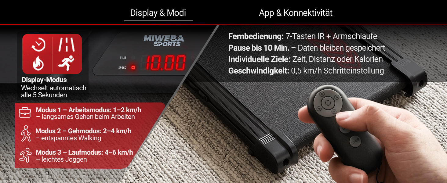 Intuitive Bedienung mit Display & Fernbedienung Das Miweba Sports Laufband verfügt über ein gut ablesbares LED-Display mit automatischem Wechsel der Trainingsdaten sowie drei voreingestellte Geschwindigkeitsmodi für Arbeiten, Gehen und leichtes Joggen. Die mitgelieferte Infrarot-Fernbedienung mit Armschlaufe ermöglicht eine komfortable Steuerung, unterstützt eine Pausenfunktion mit Datenspeicherung und erlaubt individuelle Trainingsziele für Zeit, Distanz oder Kalorien.