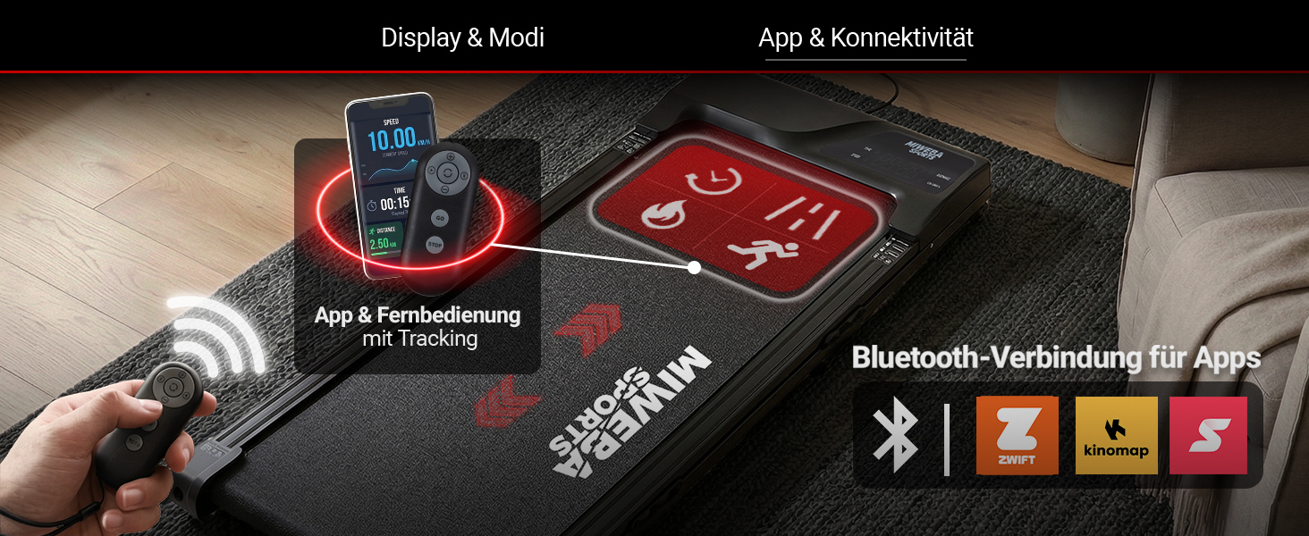 Bluetooth-App-Anbindung für smartes Training Das Miweba Sports Laufband lässt sich per Bluetooth mit kompatiblen Fitness-Apps verbinden und ermöglicht die Trainingsaufzeichnung über das Smartphone. Die Steuerung erfolgt wahlweise über die App oder die mitgelieferte Fernbedienung. Unterstützt werden unter anderem Zwift, Kinomap und Speediance für ein interaktives Trainingserlebnis.