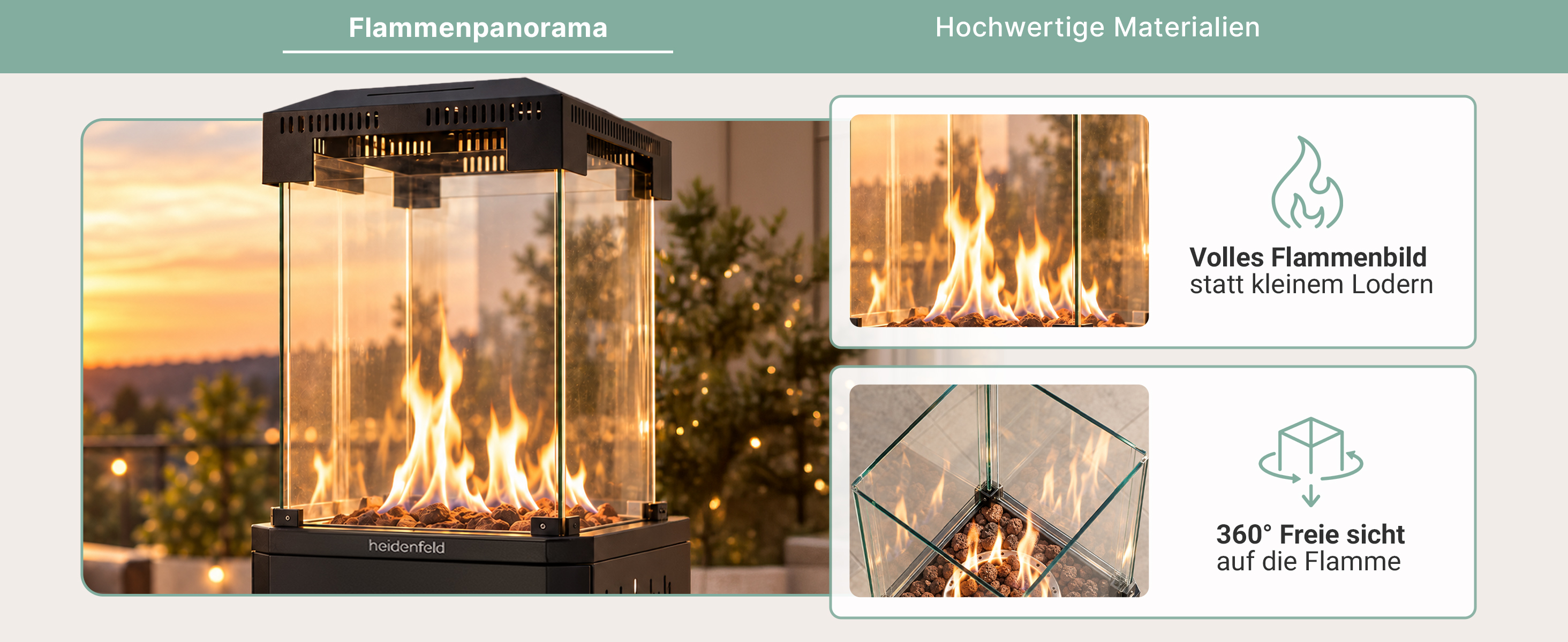 Heidenfeld GH600 – 360° Flammenpanorama Heidenfeld GH600 Gasheizstrahler mit vollem Flammenbild und 360° Rundumsicht durch transparente Glasscheiben.
