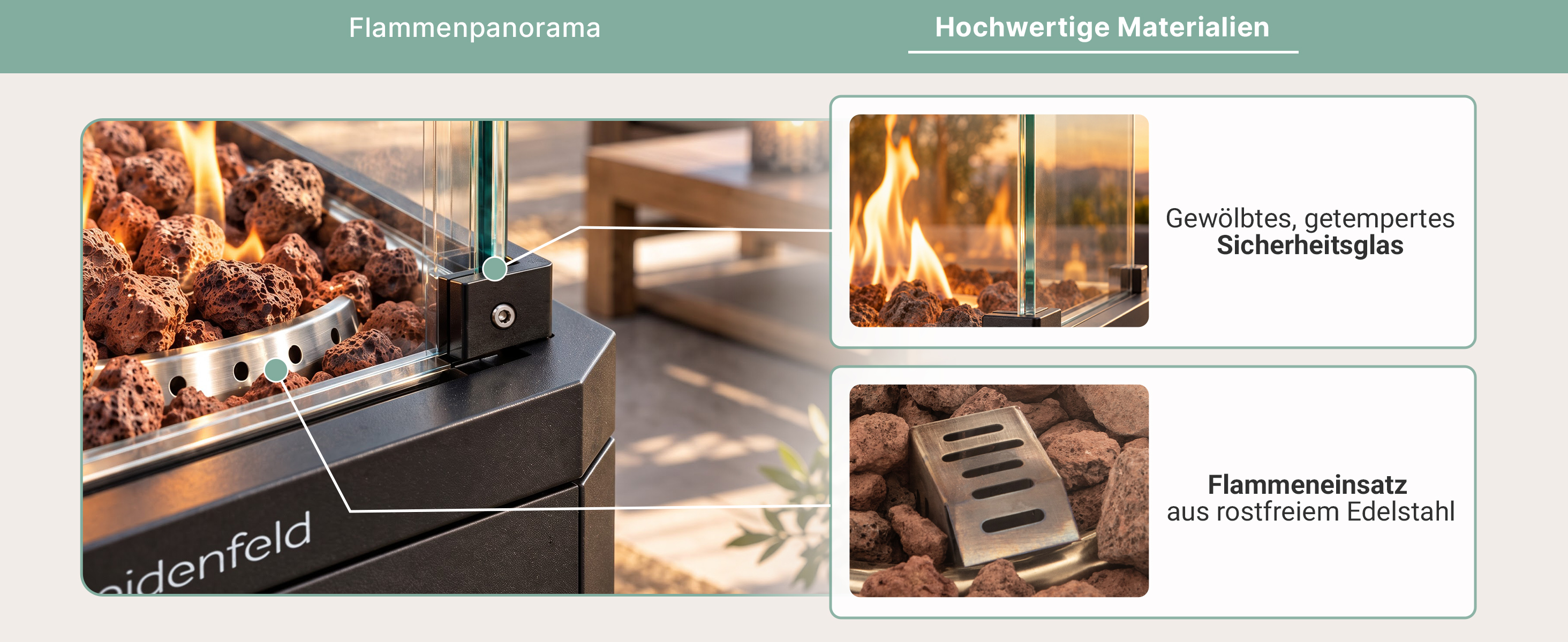 Heidenfeld GH600 – Hochwertiges Sicherheitsglas & Edelstahl Heidenfeld GH600 Gasheizstrahler mit gewölbtem, gehärtetem Sicherheitsglas und rostfreiem Edelstahl-Flammeneinsatz.