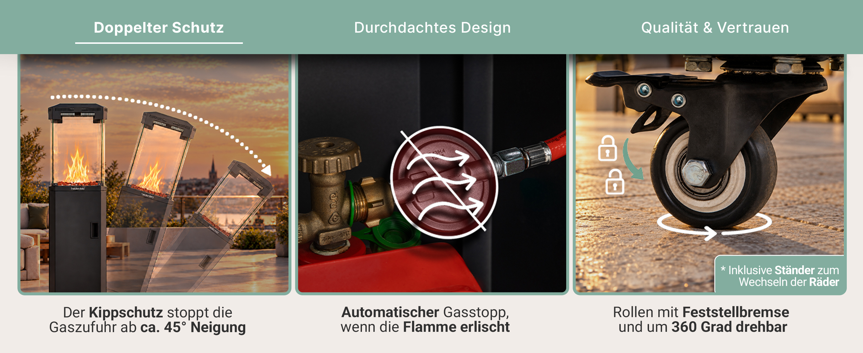 Heidenfeld GH600 – Doppelter Schutz & sichere Mobilität Heidenfeld GH600 Gasheizstrahler mit Kippschutz ab 45° Neigung, automatischem Gasstopp und 360° drehbaren Rollen mit Feststellbremse.