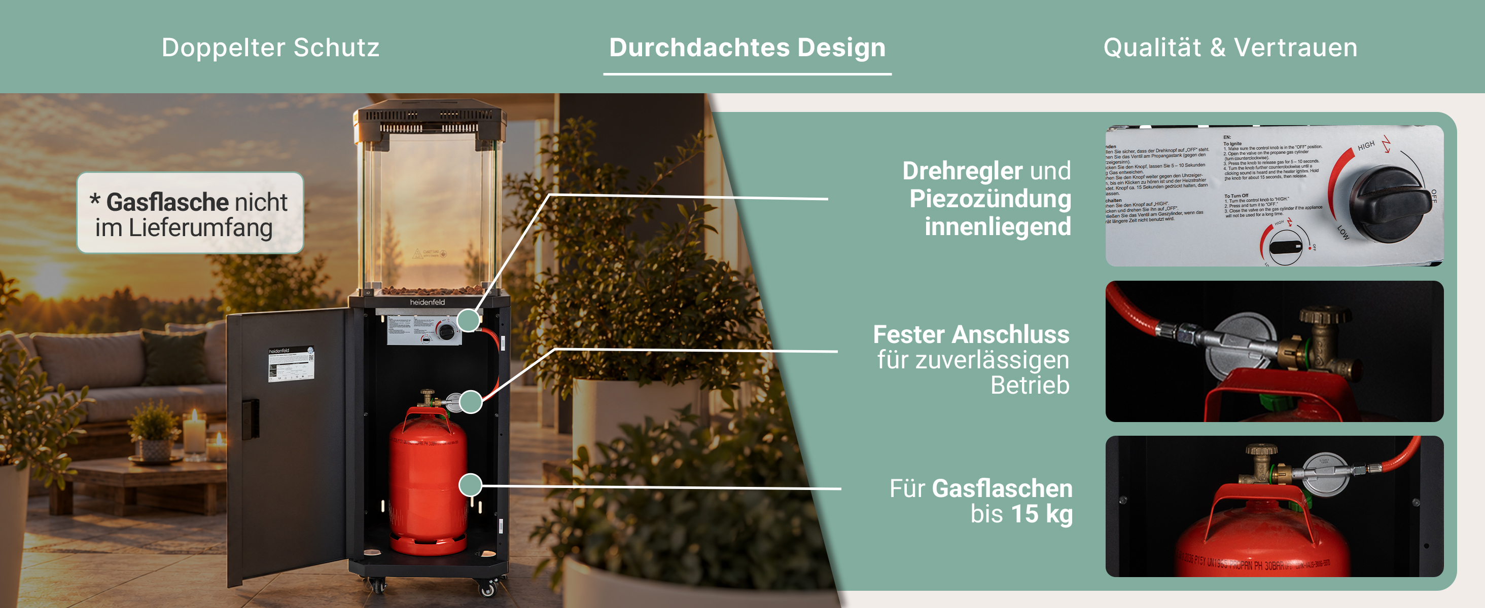 Heidenfeld GH600 – Durchdachtes Design & Gasanschluss Heidenfeld GH600 Gasheizstrahler mit innenliegendem Drehregler, Piezozündung, sicherem Gasanschluss und Platz für Gasflaschen bis 15 kg.