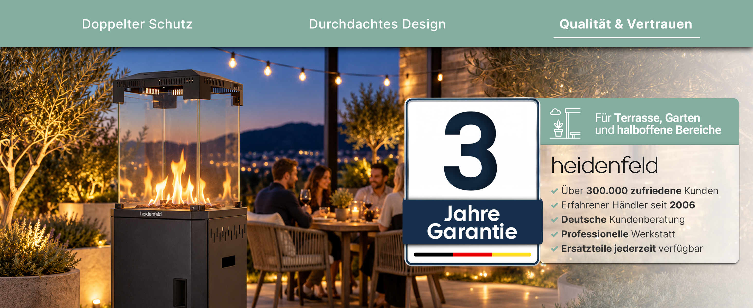 Heidenfeld GH600 – Qualität & 3 Jahre Garantie Heidenfeld GH600 Gasheizstrahler mit 3 Jahren Garantie für Terrasse, Garten und halboffene Bereiche.