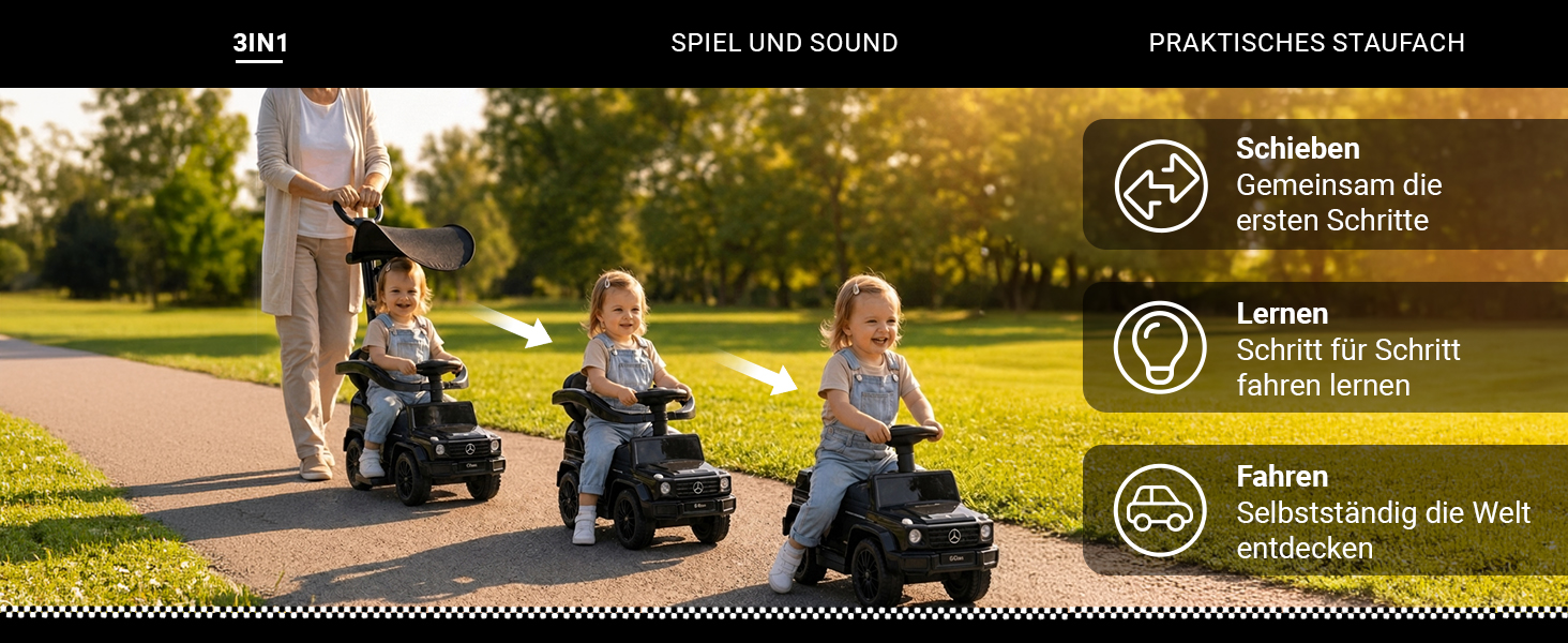 Mercedes G350D Rutschauto mit 3-in-1 Funktion zum Schieben, Lernen und Fahren