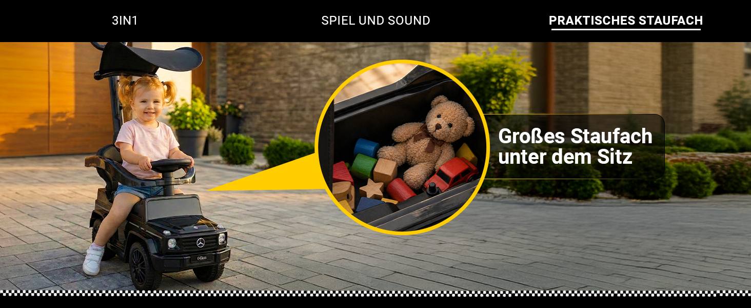 Mercedes G350D Rutschauto mit praktischem Stauraum unter dem Sitz f&uuml;r Spielzeug und Zubeh&ouml;r