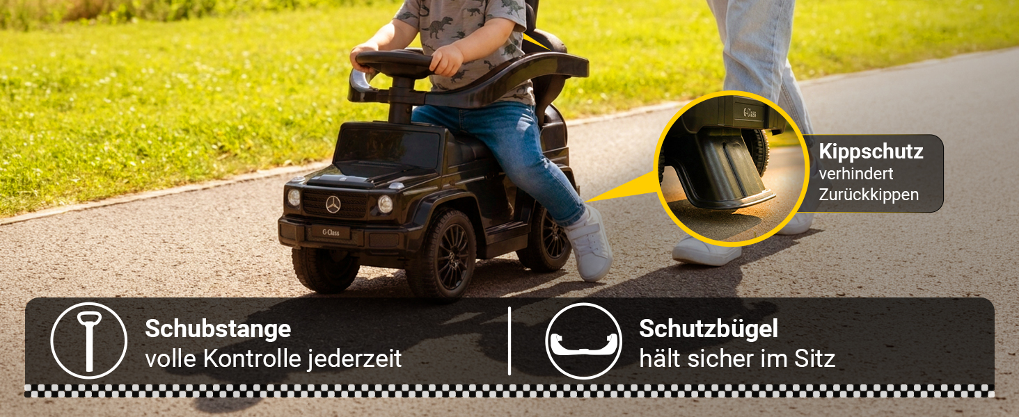 Mercedes G350D Rutschauto mit Schutzb&uuml;gel, Schubstange und Kippschutz