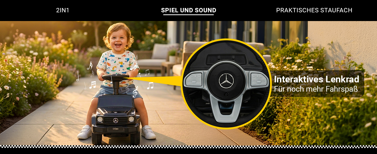 Mercedes G350D Rutschauto mit interaktivem Lenkrad und Soundfunktion