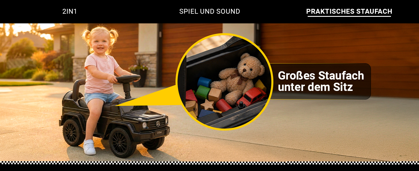 Mercedes G350D Rutschauto mit Stauraum unter dem Sitz f&uuml;r Spielzeug und Zubeh&ouml;r