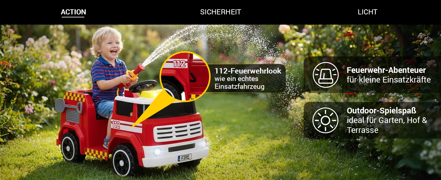 Feuerwehr-Action mit Wasserspritze & Blaulicht Ein Kind fährt mit dem roten Kinder-Elektro-Feuerwehrauto durch den Garten und spritzt mit der integrierten Wasserspritze einen Wasserstrahl. Das Fahrzeug überzeugt mit authentischem 112-Feuerwehrdesign, funktionierendem Blaulicht und sorgt für realistischen Spielspaß im Garten, auf der Terrasse oder im Hof.
