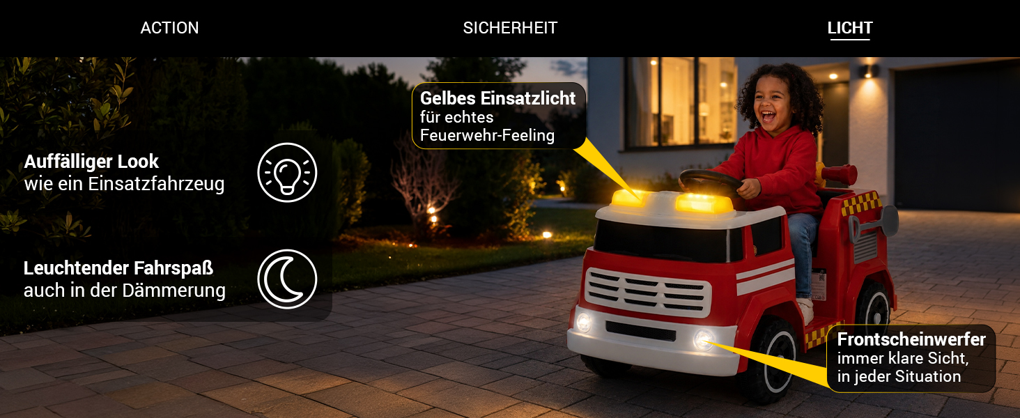 Realistisches Licht für Feuerwehr-Einsätze Das Kinder-Elektro-Feuerwehrauto ist mit gelbem Einsatzlicht und hellen Frontscheinwerfern ausgestattet und sorgt so auch in der Dämmerung für ein realistisches Feuerwehr-Erlebnis. Die auffällige Beleuchtung unterstreicht den authentischen Einsatzfahrzeug-Look und erhöht den Spielspaß bei Tag und Abend.