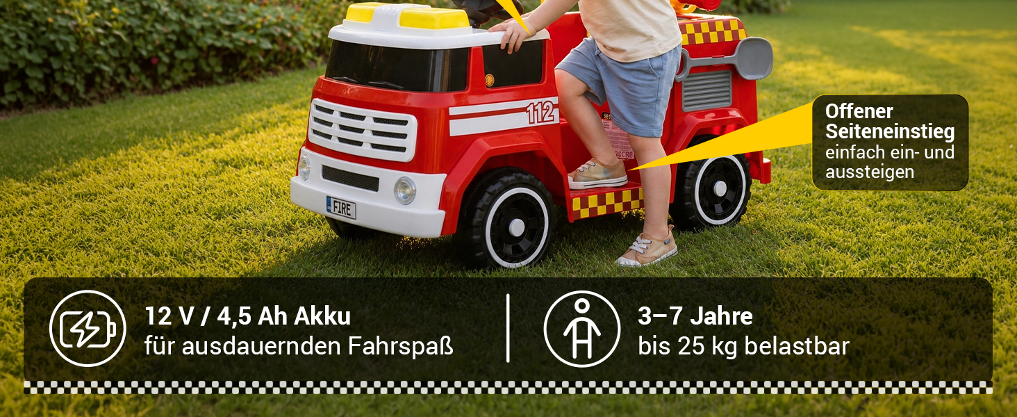 Offener Einstieg & starker Akku für langen Fahrspaß Der offene Seiteneinstieg ermöglicht Kindern ein einfaches Ein- und Aussteigen. Der leistungsstarke 12 V / 4,5 Ah Akku sorgt für langanhaltenden Fahrspaß. Geeignet für Kinder von 3 bis 7 Jahren mit einer maximalen Belastbarkeit von 25 kg.