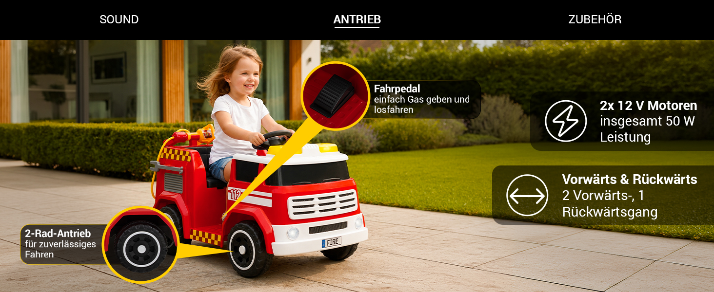 Leistungsstarker Antrieb für sicheres Fahrvergnügen Das Kinder-Feuerwehrauto fährt per Fußpedal mit zuverlässigem 2-Rad-Antrieb und zwei 12-Volt-Motoren mit insgesamt 50 Watt Leistung. Es verfügt über zwei Vorwärtsgänge sowie einen Rückwärtsgang und ermöglicht eine einfache, kindgerechte Steuerung für Fahrten auf verschiedenen Untergründen.