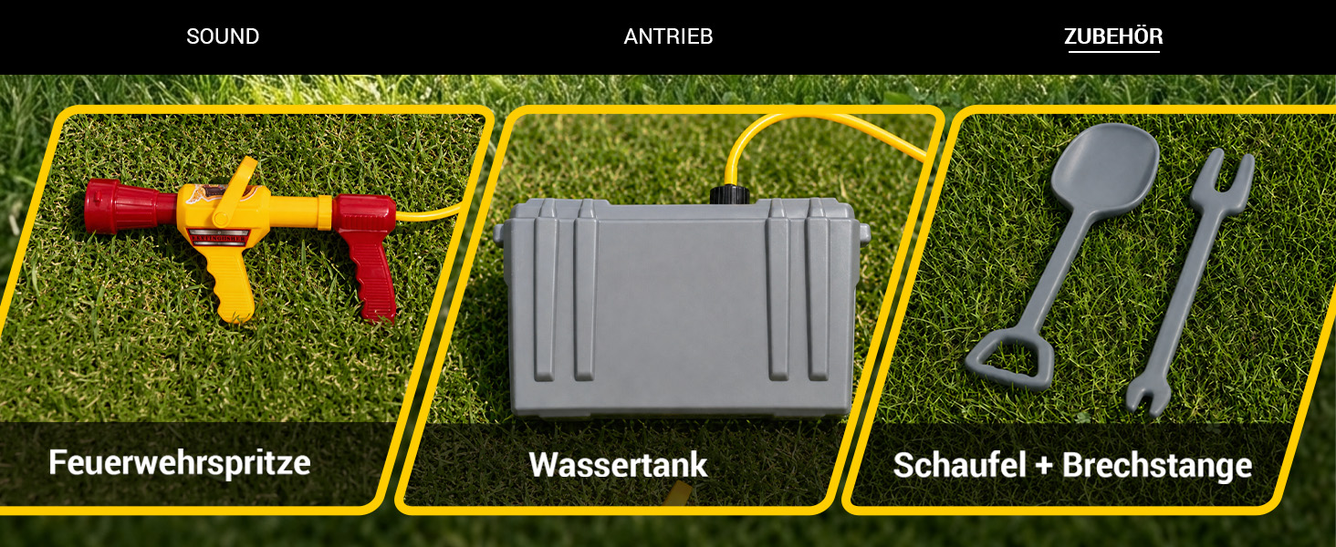 Umfangreiches Zubehör für noch mehr Spielspaß Im Lieferumfang enthalten sind eine funktionale Feuerwehrspritze mit Wassertank, ein separater Wassertank sowie eine Schaufel und eine Brechstange als Spielzubehör. Das Zubehör sorgt für abwechslungsreiche Rollenspiele und macht das Feuerwehr-Erlebnis noch realistischer.