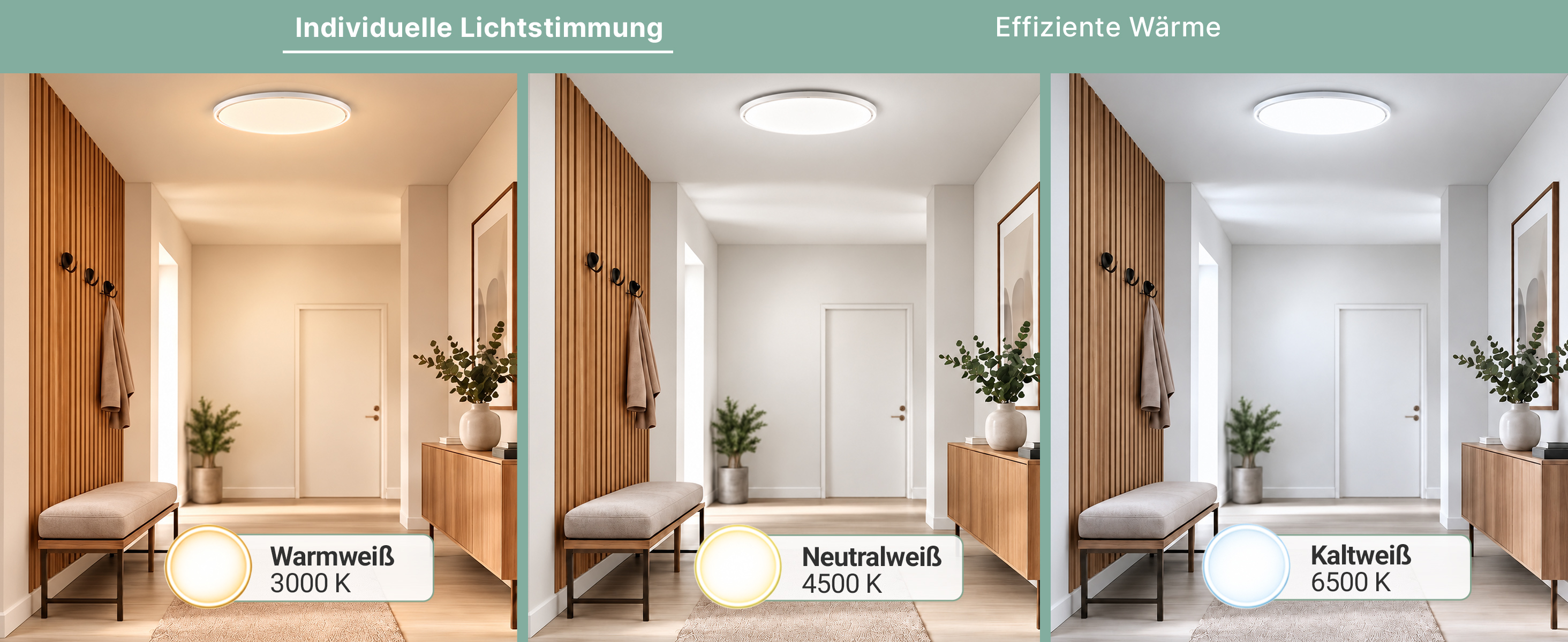 Deckenleuchte mit drei Lichtfarben im Vergleich: Warmwei&szlig; (3000 K), Neutralwei&szlig; (4500 K) und Kaltwei&szlig; (6500 K).