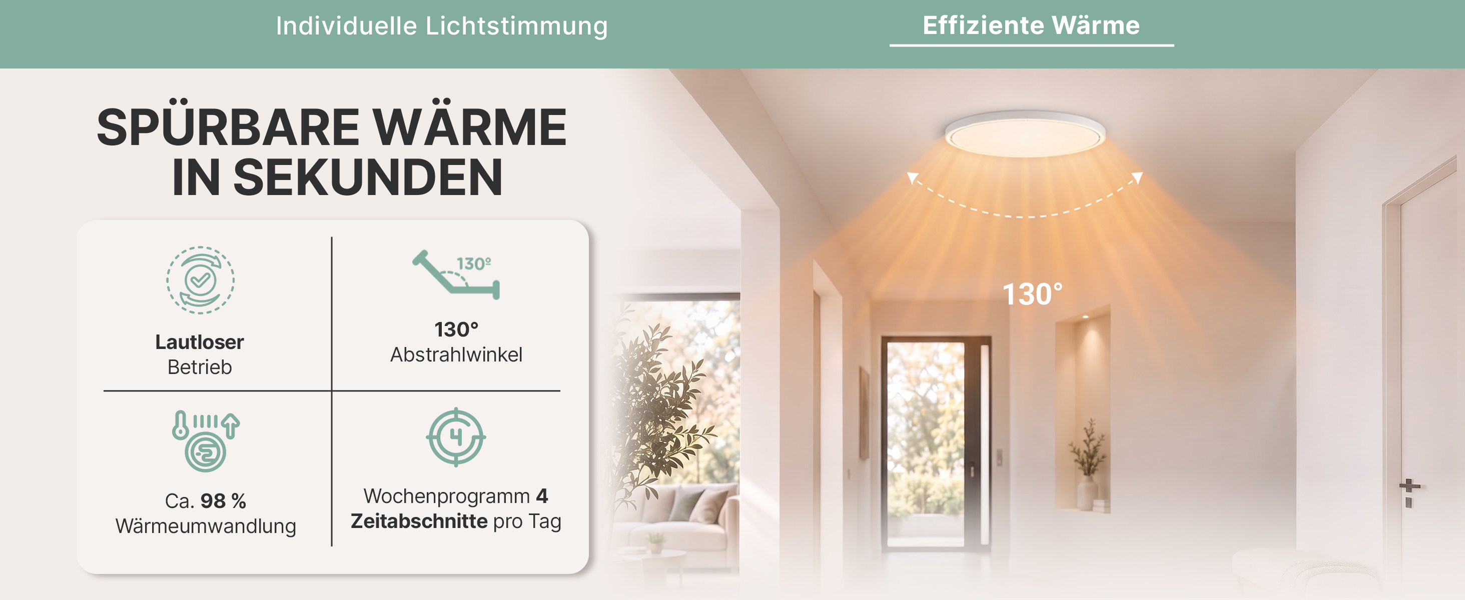 Infrarot-Deckenheizung mit 130&deg; Abstrahlwinkel, lautlosem Betrieb, ca. 98 % W&auml;rmeumwandlung und Wochenprogramm mit vier Zeitabschnitten pro Tag.