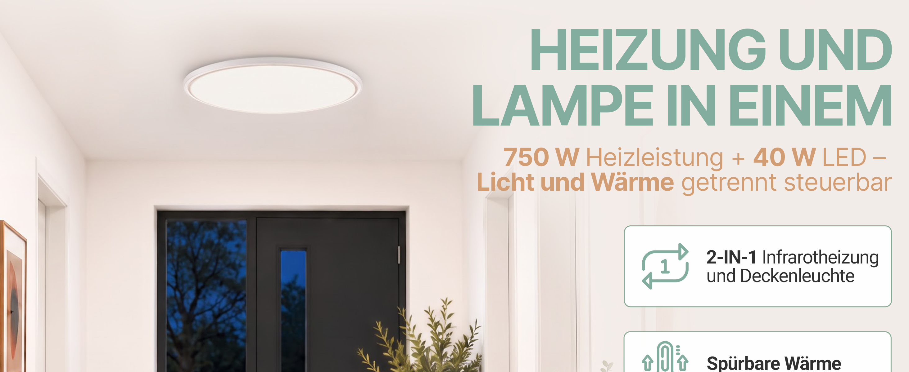Heidenfeld Infrarot-Deckenheizung mit 750 W Heizleistung und 40 W LED-Beleuchtung. Licht und W&auml;rme sind getrennt steuerbar.